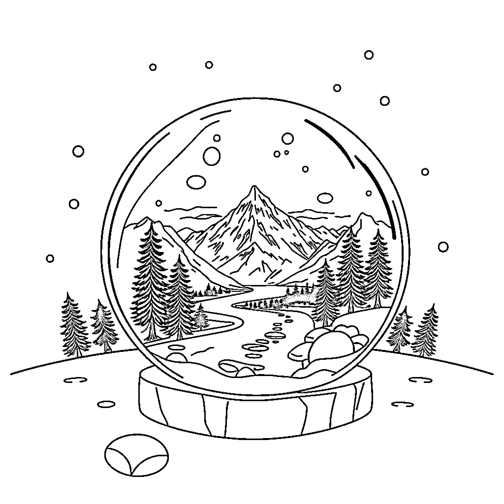 Alaska Scenic Snowglobe with Winter Landscape Coloring Page (free black-and-white line drawing printable PDF for all, from beginners to advanced learners, including children, teens, adults, and seniors)