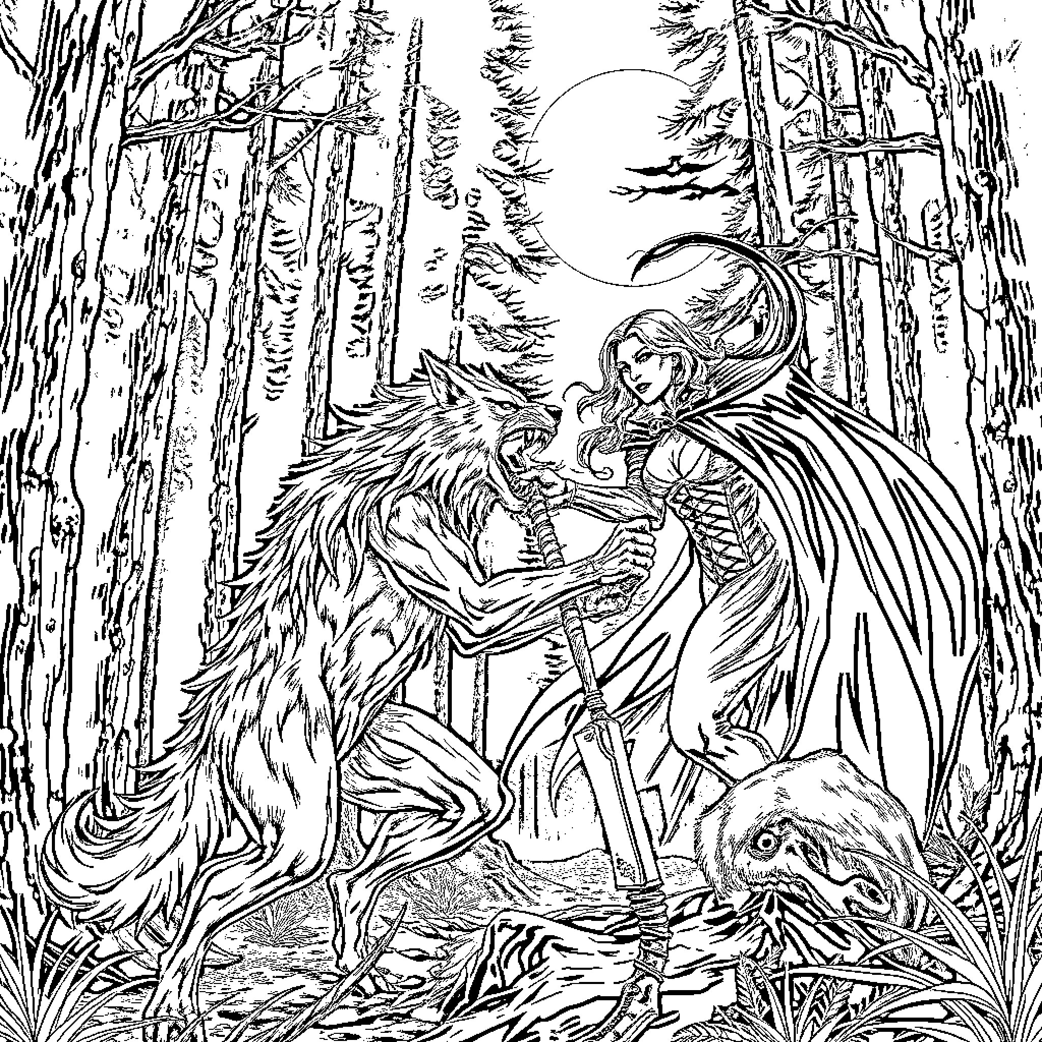 Werewolf warrior woman battles ferocious beast in moonlit forest Coloring Page (free black-and-white line drawing printable PDF for all, from beginners to advanced learners, including children, teens, adults, and seniors)