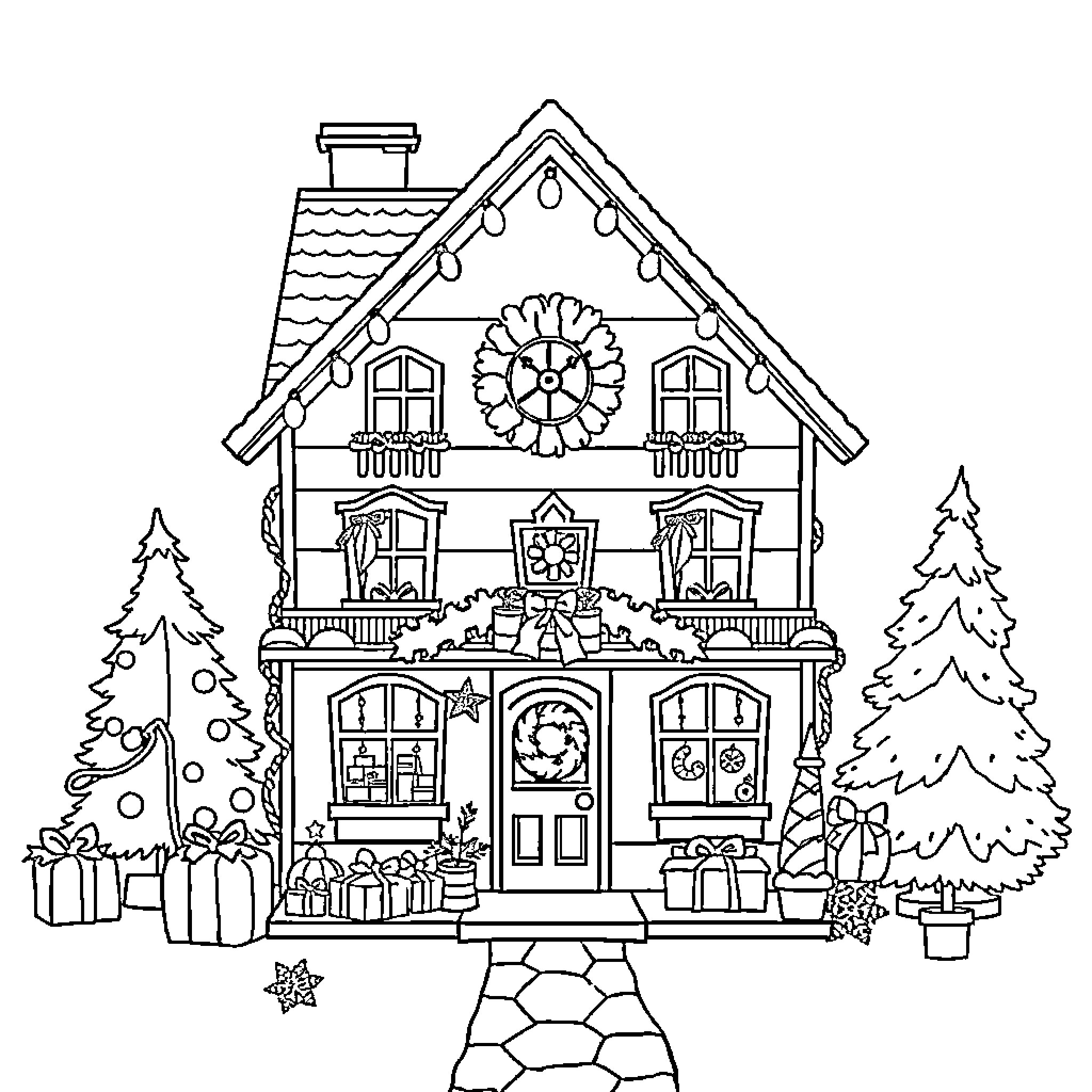Dollhouse with festive decorations and holiday gifts Coloring Page (free black-and-white line drawing printable PDF for all, from beginners to advanced learners, including children, teens, adults, and seniors)