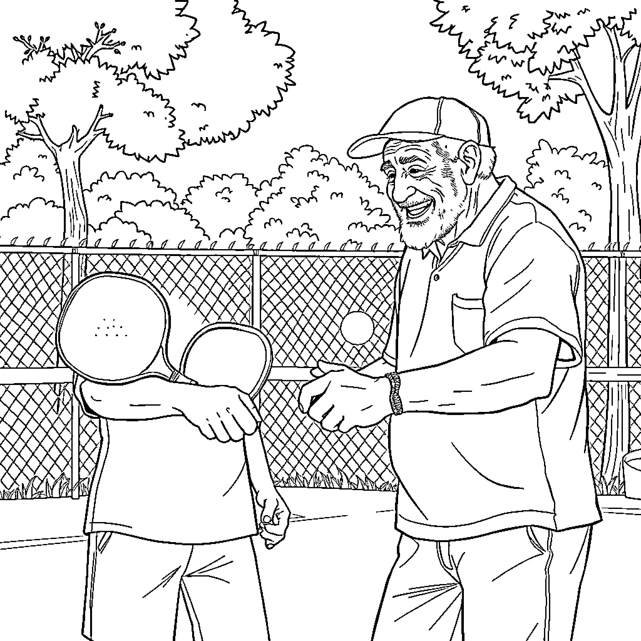 Pickleball players enjoying a lively game outdoors Coloring Page (free black-and-white line drawing printable PDF for all, from beginners to advanced learners, including children, teens, adults, and seniors)