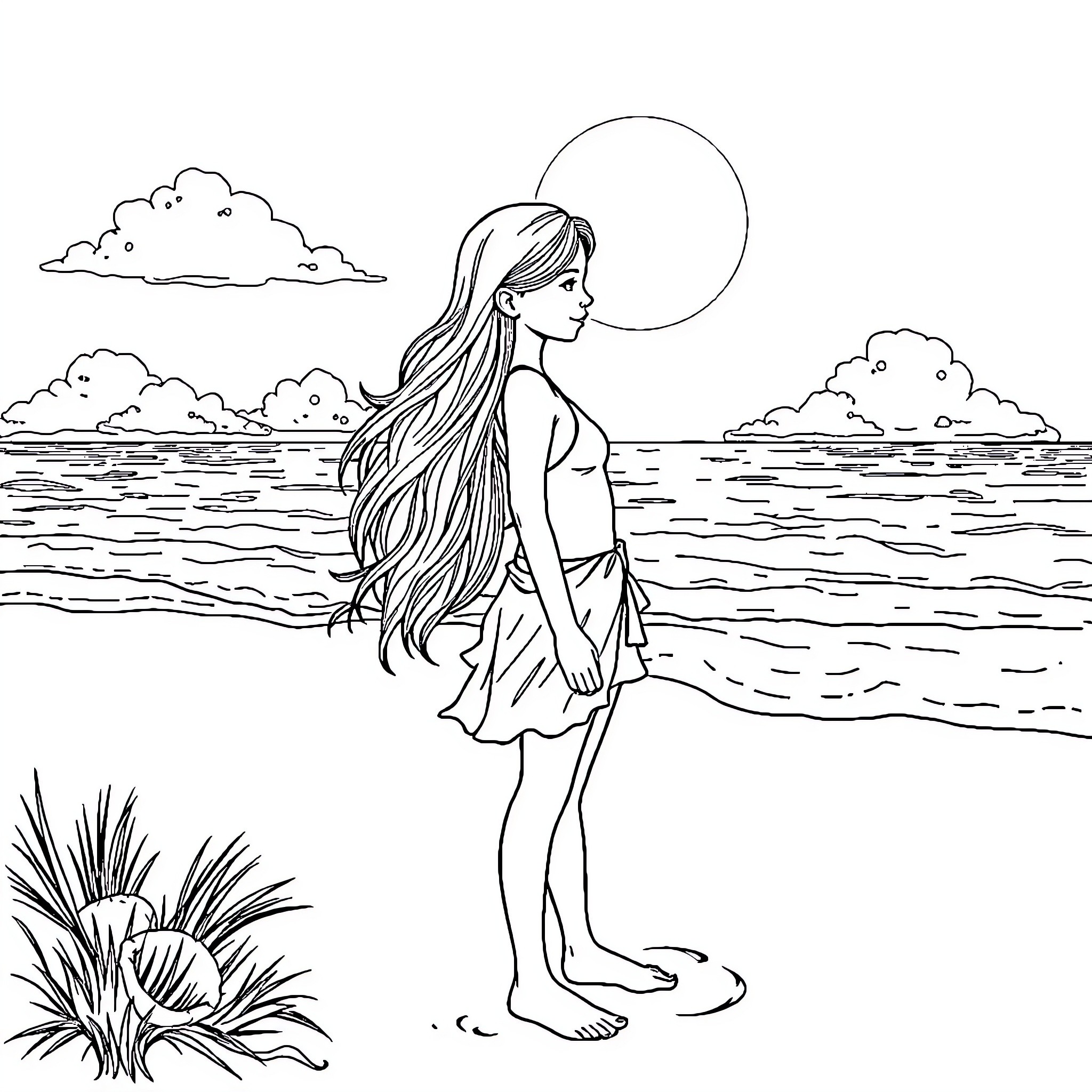 Girl standing on the beach gazing at the sea Coloring Page (free black-and-white line drawing printable PDF for all, from beginners to advanced learners, including children, teens, adults, and seniors)
