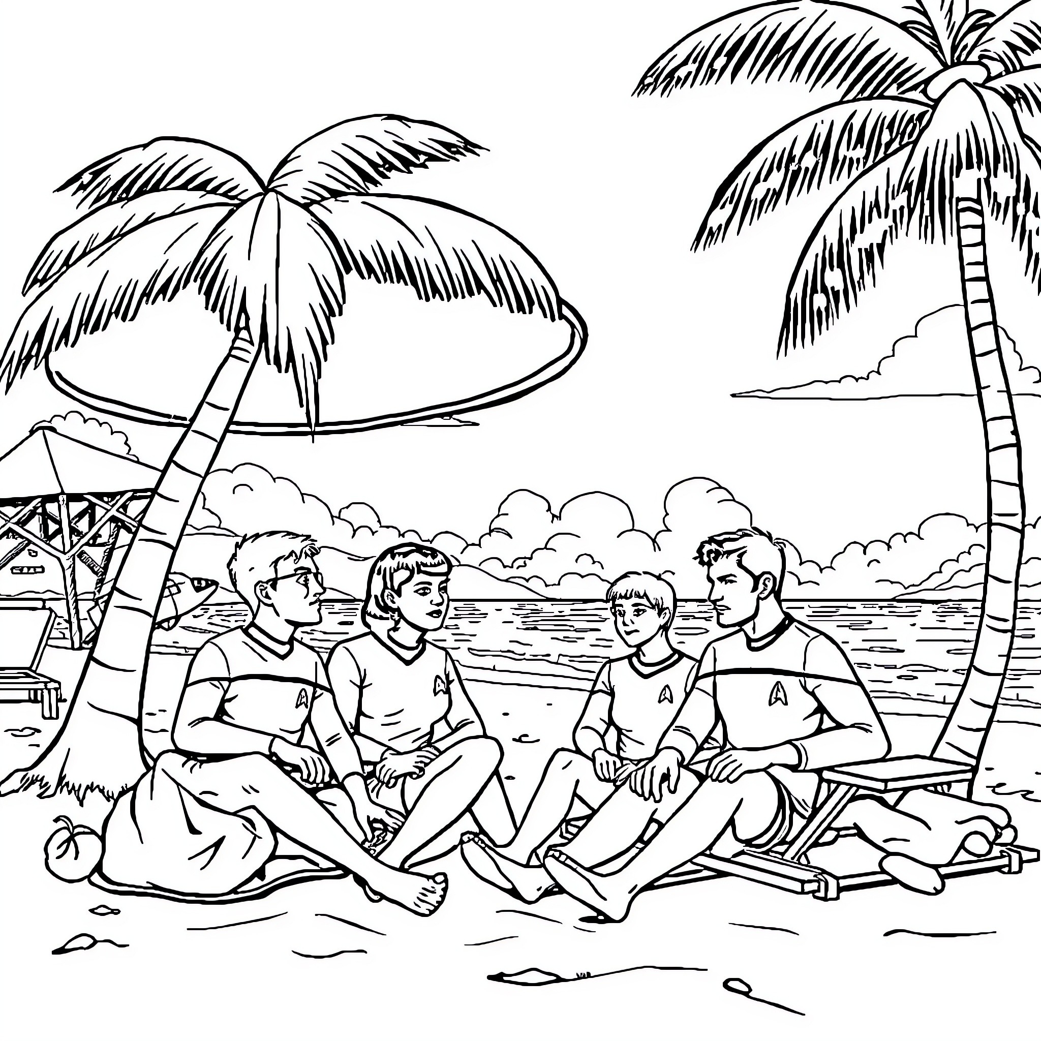 Star Trek characters relaxing on a tropical beach Coloring Page (free black-and-white line drawing printable PDF for all, from beginners to advanced learners, including children, teens, adults, and seniors)
