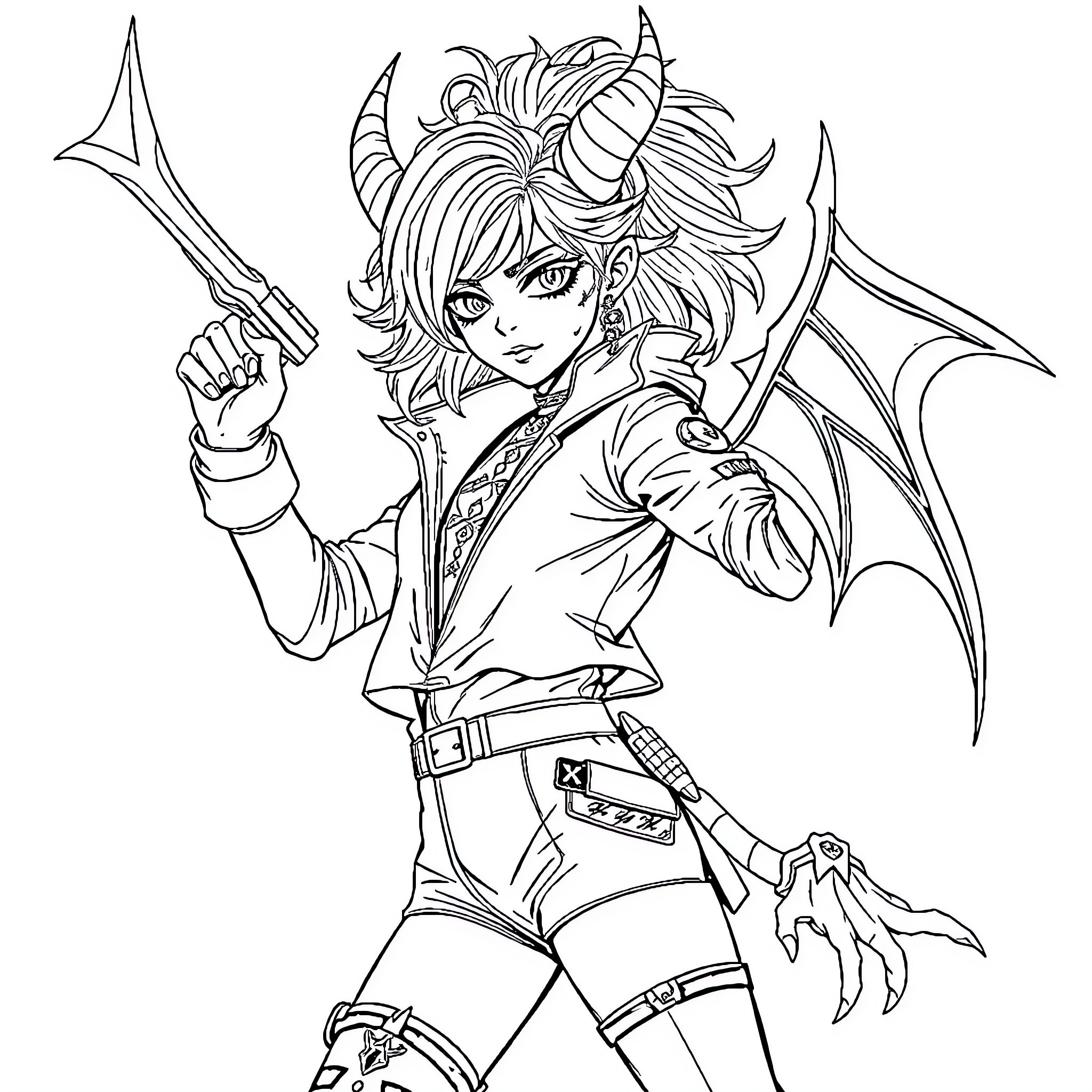 Demon Hunter Wielding Weapon with Fierce Expression Coloring Page (free black-and-white line drawing printable PDF for all, from beginners to advanced learners, including children, teens, adults, and seniors)