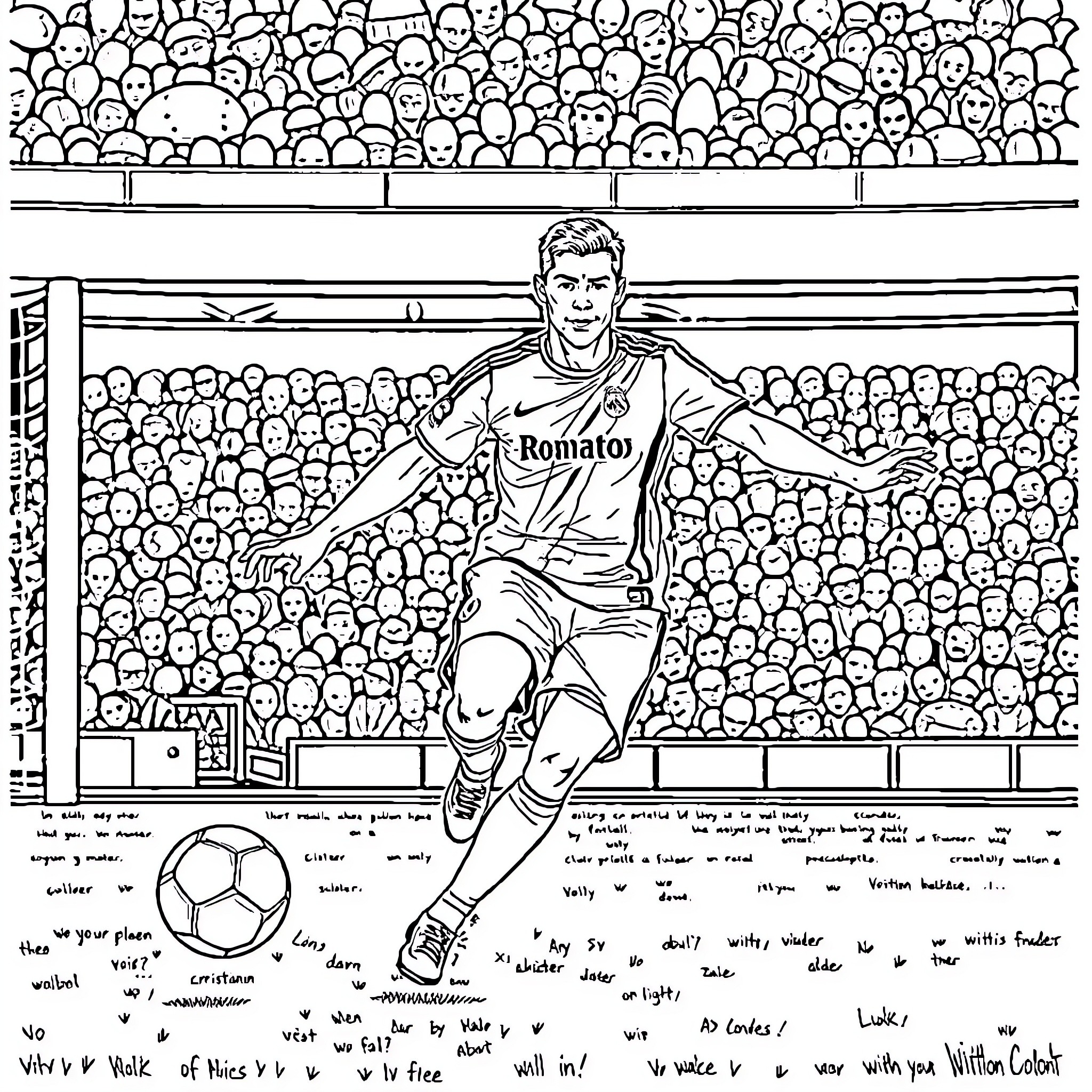 Cristiano Ronaldo in Action on the Soccer Field Coloring Page (free black-and-white line drawing printable PDF for all, from beginners to advanced learners, including children, teens, adults, and seniors)