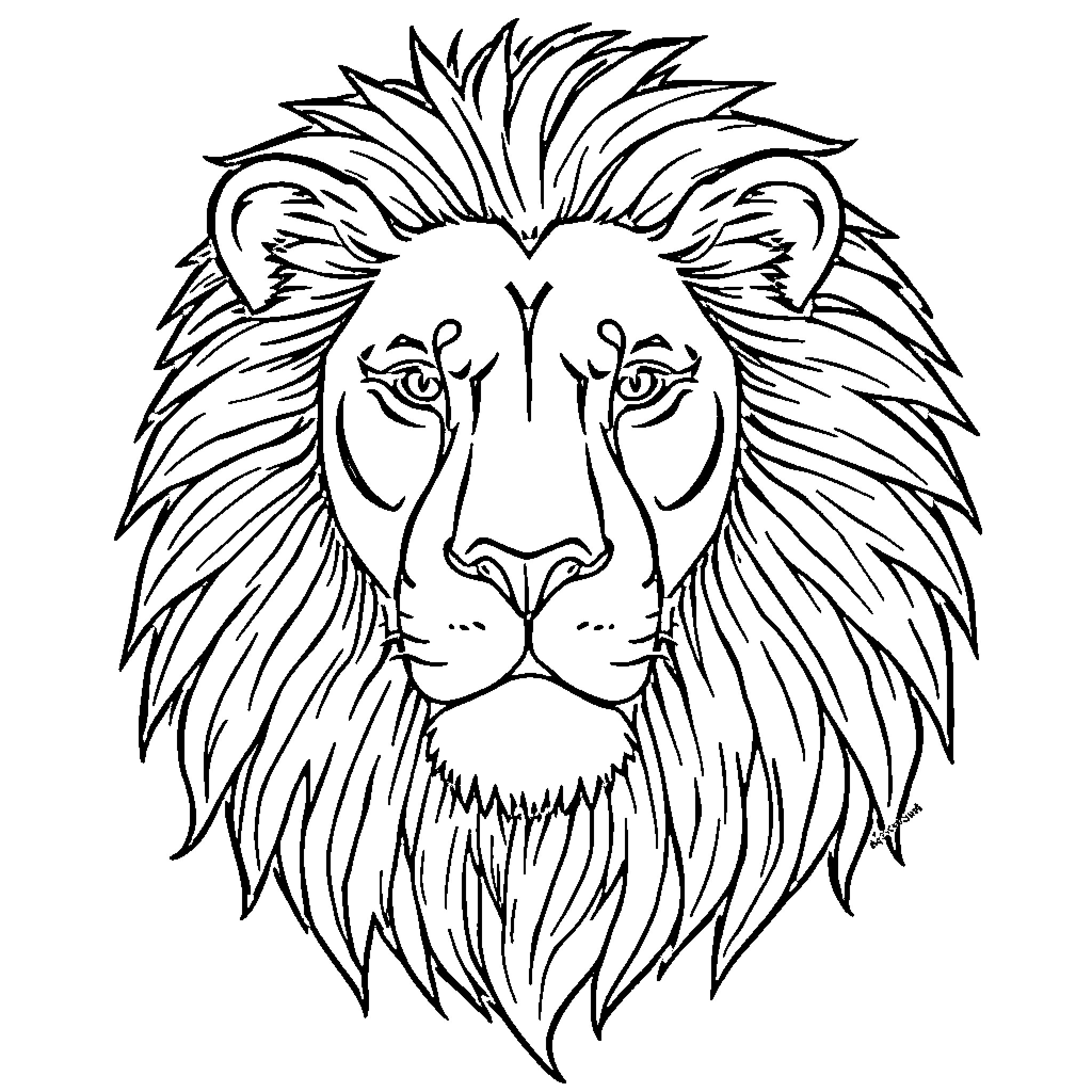 Lion with Fierce Gaze and Flowing Mane Coloring Page (free black-and-white line drawing printable PDF for all, from beginners to advanced learners, including children, teens, adults, and seniors)