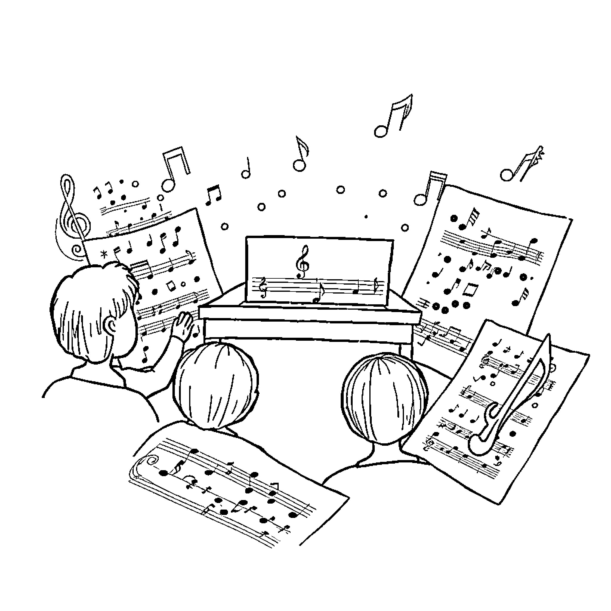 Music Sheet Students Studying Musical Notation Coloring Page (free black-and-white line drawing printable PDF for all, from beginners to advanced learners, including children, teens, adults, and seniors)