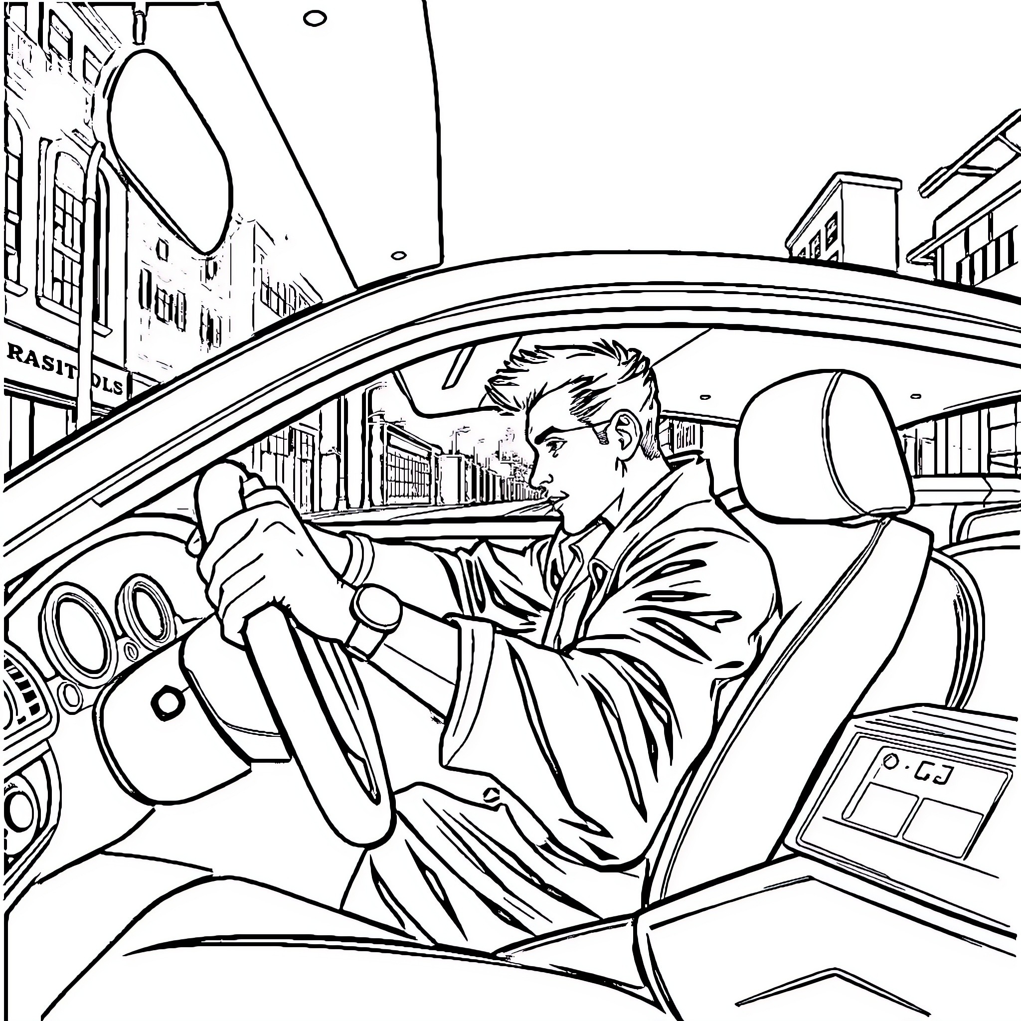 Man driving car on city street Coloring Page (free black-and-white line drawing printable PDF for all, from beginners to advanced learners, including children, teens, adults, and seniors)