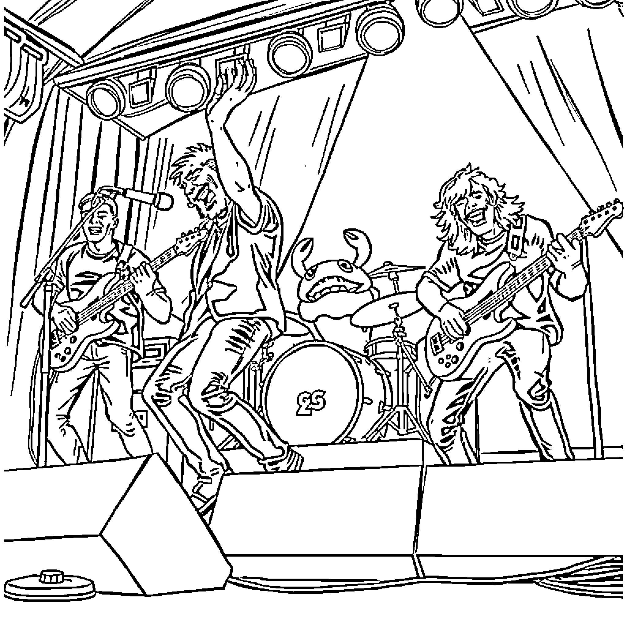 Crabcore Band Rocking Out on Stage Coloring Page (free black-and-white line drawing printable PDF for all, from beginners to advanced learners, including children, teens, adults, and seniors)