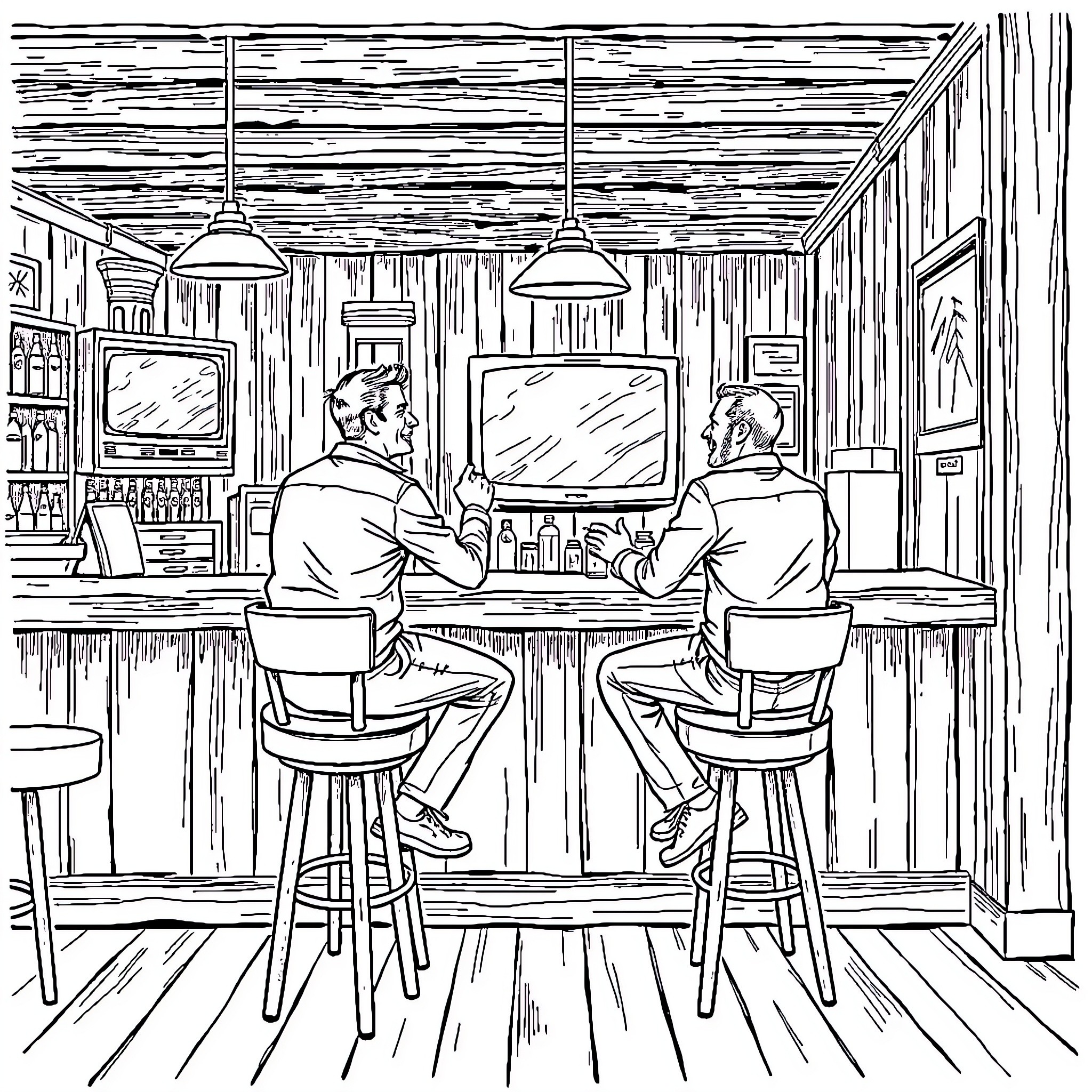 Man watching television in casual bar setting Coloring Page (free black-and-white line drawing printable PDF for all, from beginners to advanced learners, including children, teens, adults, and seniors)
