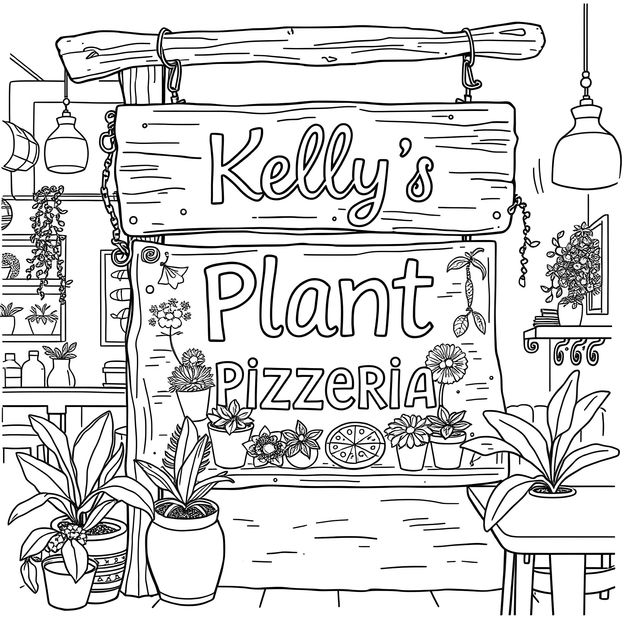 Sign for Kelly's Plant Pizzeria with plants and decorations Coloring Page (free black-and-white line drawing printable PDF for all, from beginners to advanced learners, including children, teens, adults, and seniors)