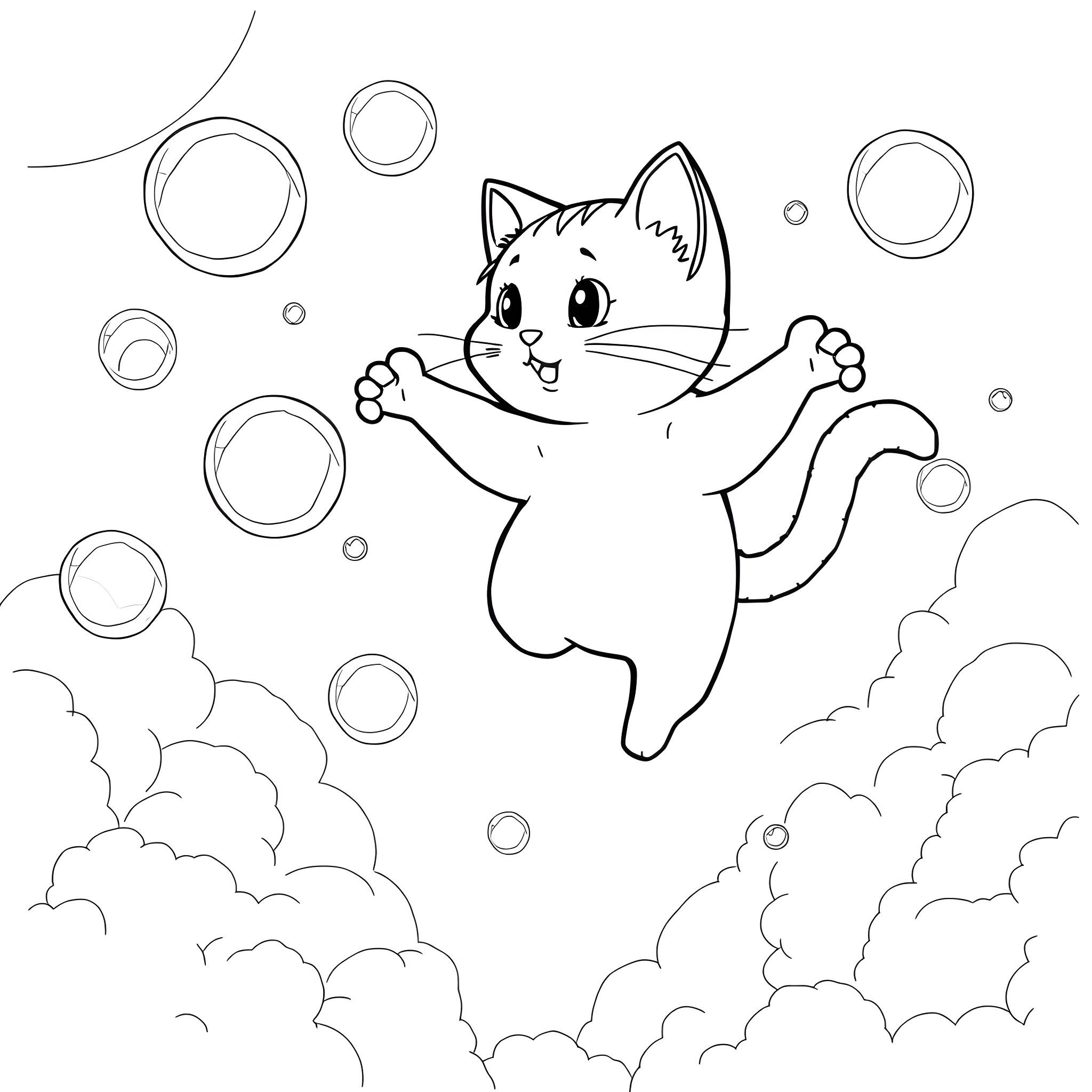 Flying Cat Soaring Joyfully through Bubbles Coloring Page (free black-and-white line drawing printable PDF for all, from beginners to advanced learners, including children, teens, adults, and seniors)