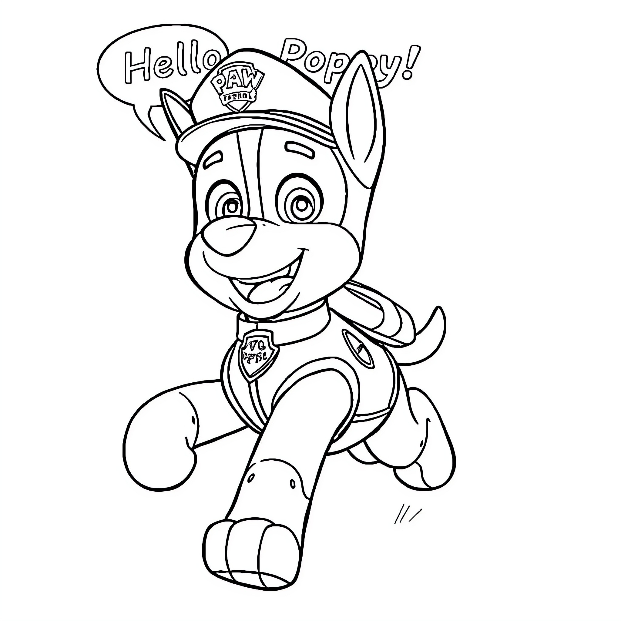 Chase the Playful Pup with Cheerful Expression Coloring Page (free black-and-white line drawing printable PDF for all, from beginners to advanced learners, including children, teens, adults, and seniors)