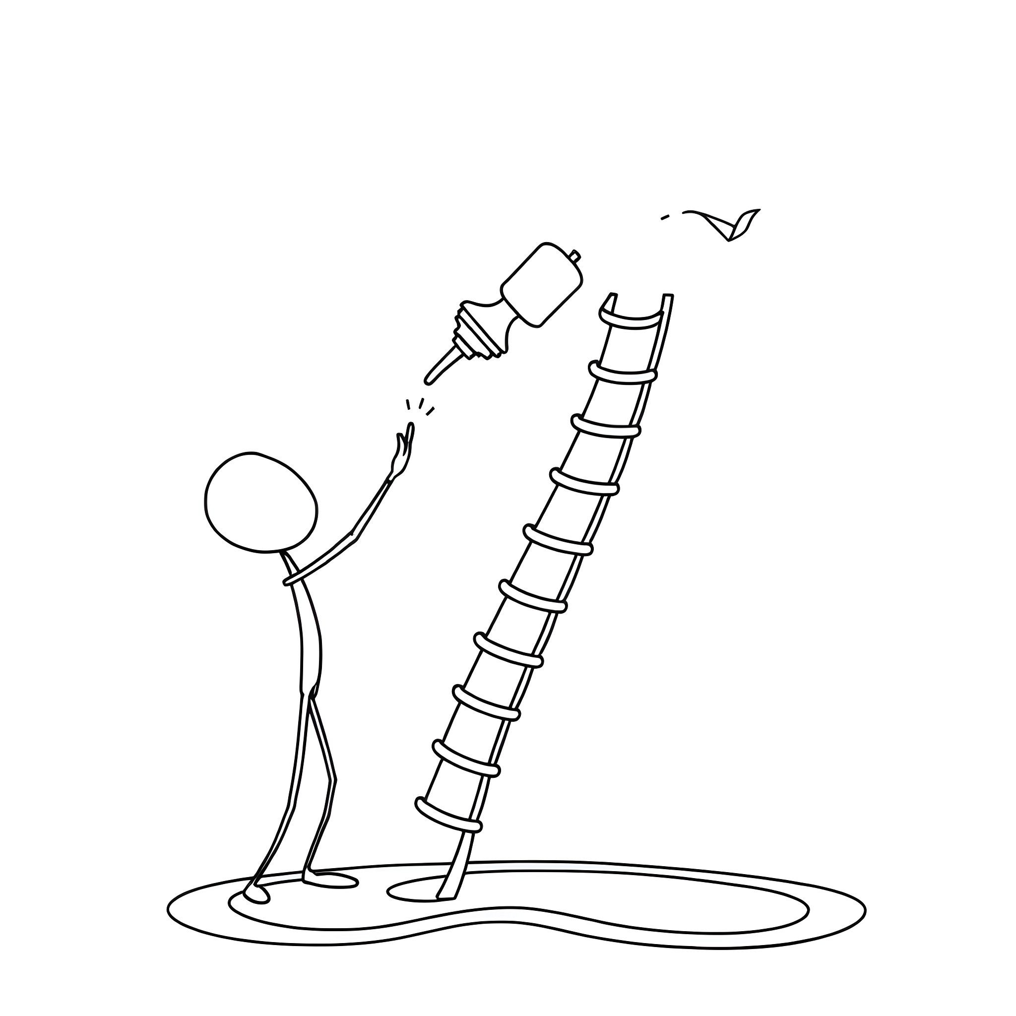 Stick figure climbing ladder to freedom Coloring Page (free black-and-white line drawing printable PDF for all, from beginners to advanced learners, including children, teens, adults, and seniors)
