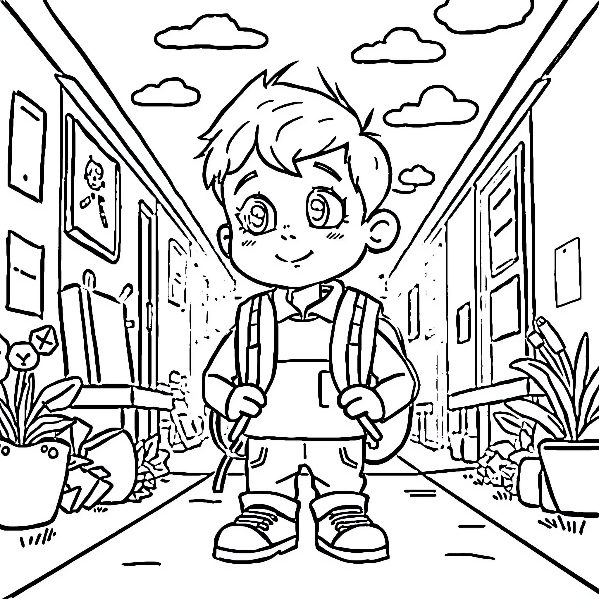 Joshua's Playful Adventure in the Schoolyard Coloring Page (free black-and-white line drawing printable PDF for all, from beginners to advanced learners, including children, teens, adults, and seniors)