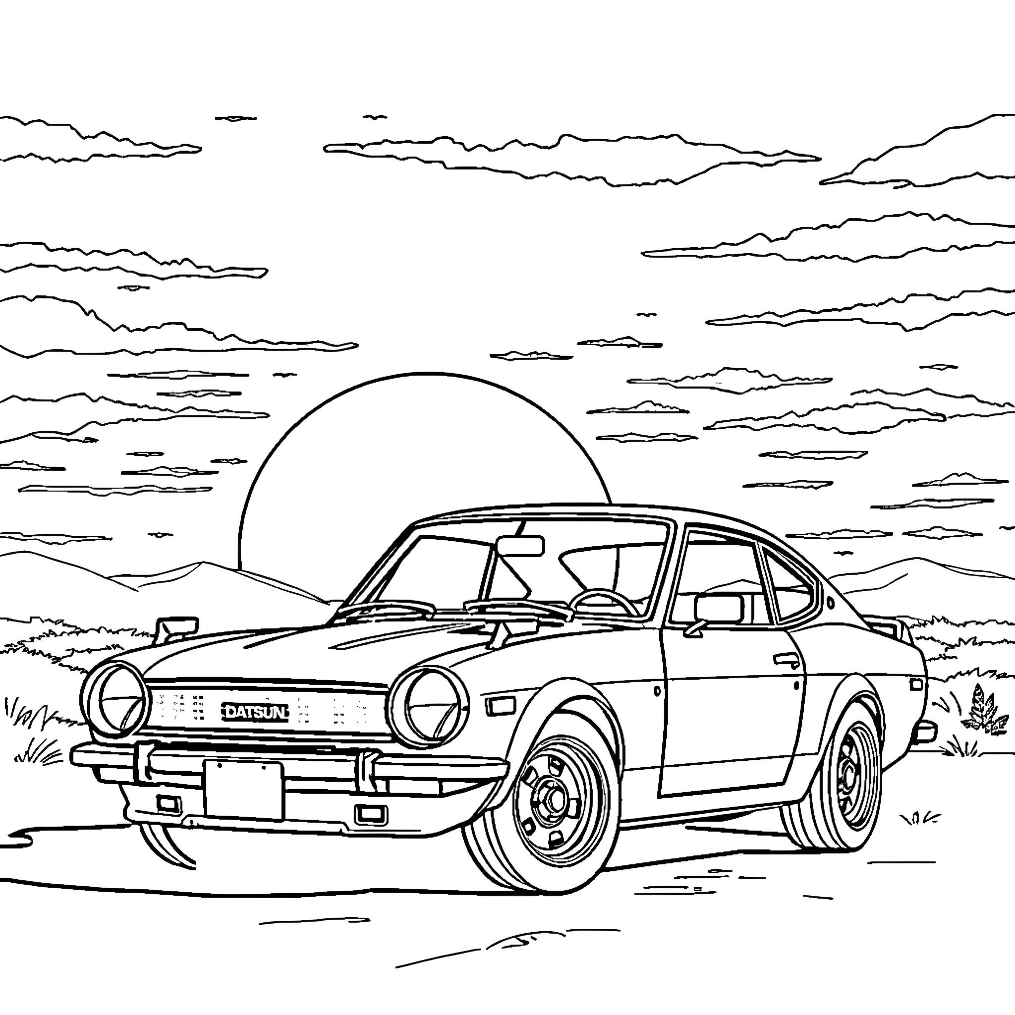 Datsun sports car enjoying the scenic sunset Coloring Page (free black-and-white line drawing printable PDF for all, from beginners to advanced learners, including children, teens, adults, and seniors)
