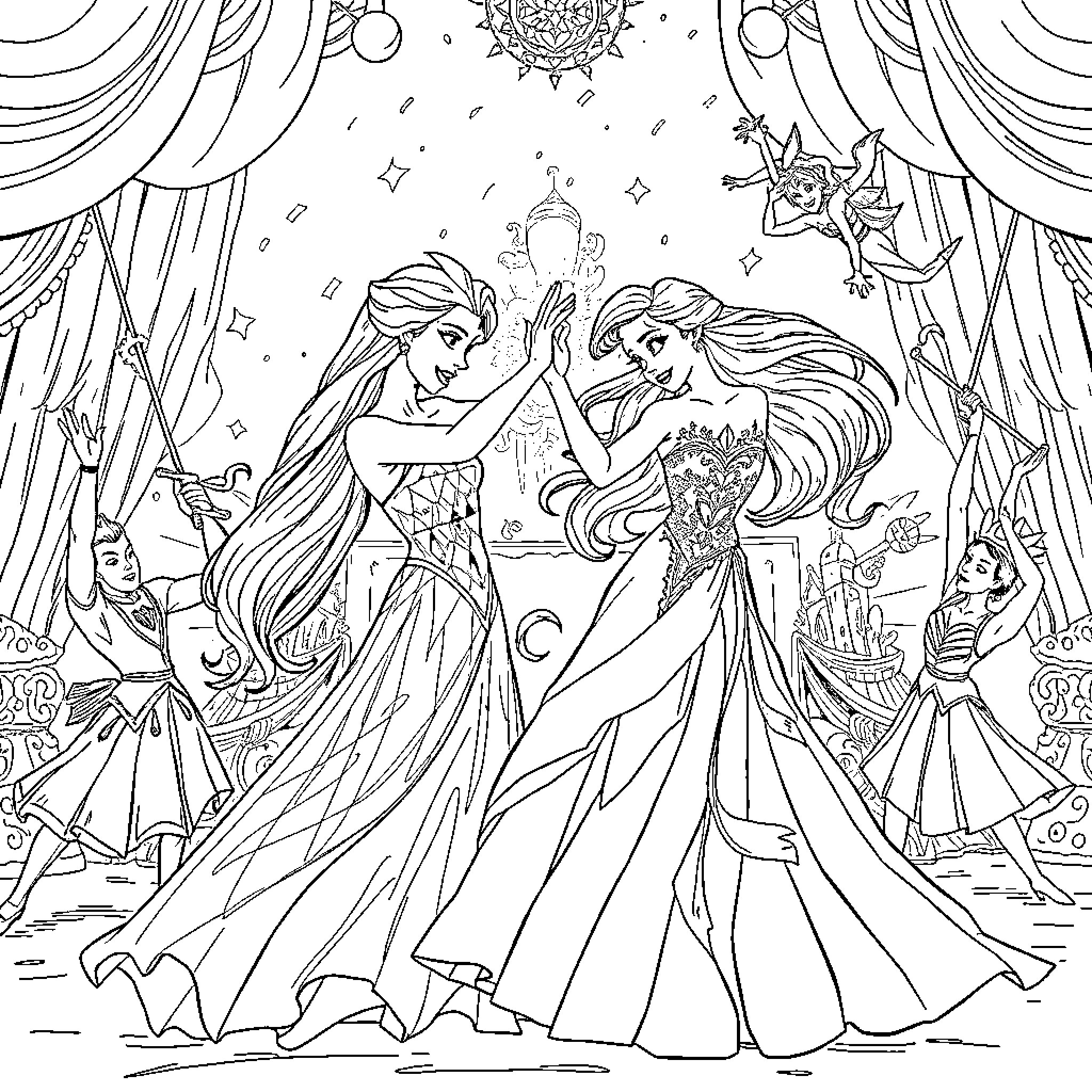 Ariel and Melody's Magical Ball Celebration Coloring Page (free black-and-white line drawing printable PDF for all, from beginners to advanced learners, including children, teens, adults, and seniors)