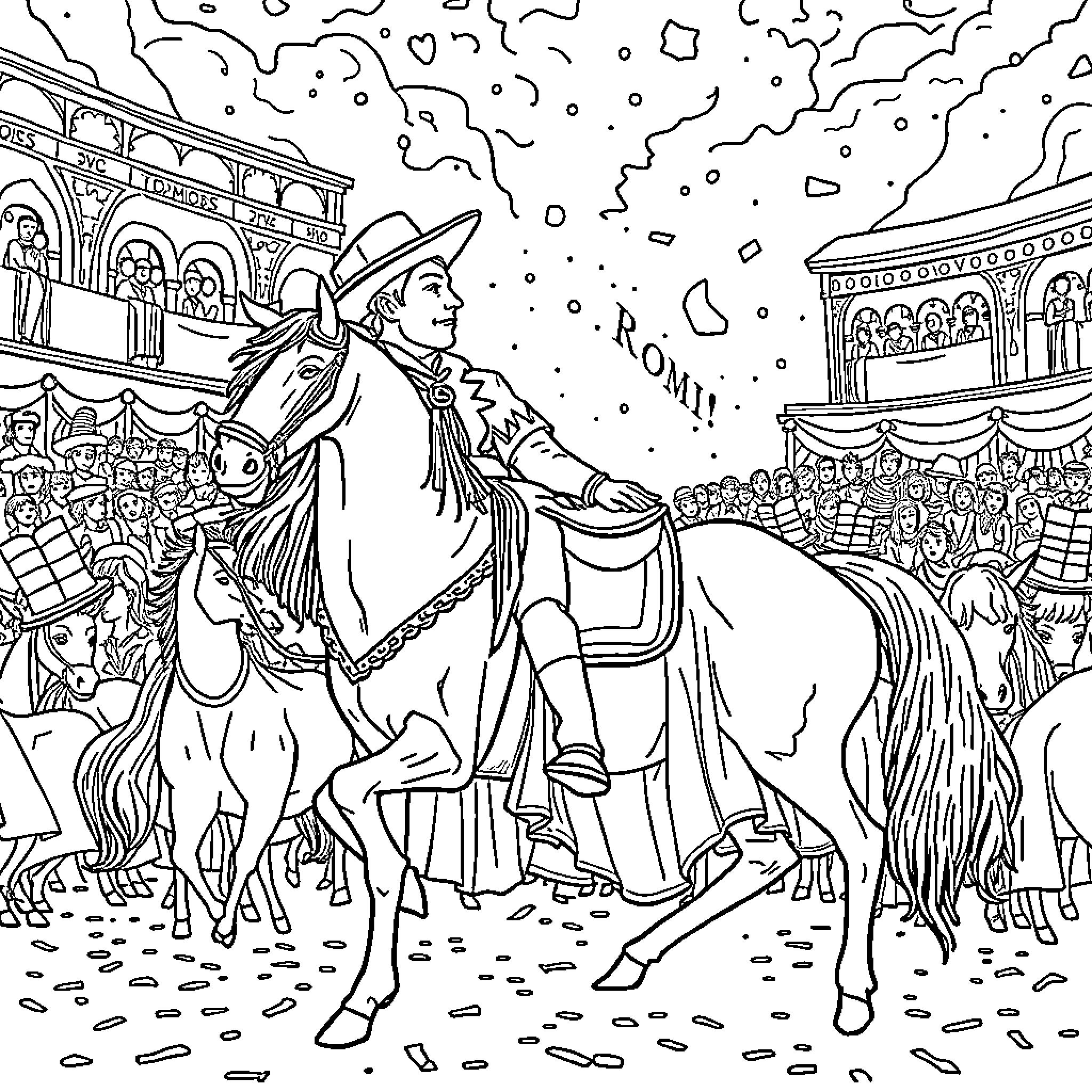 Torero performing dramatic entrance on horseback Coloring Page (free black-and-white line drawing printable PDF for all, from beginners to advanced learners, including children, teens, adults, and seniors)