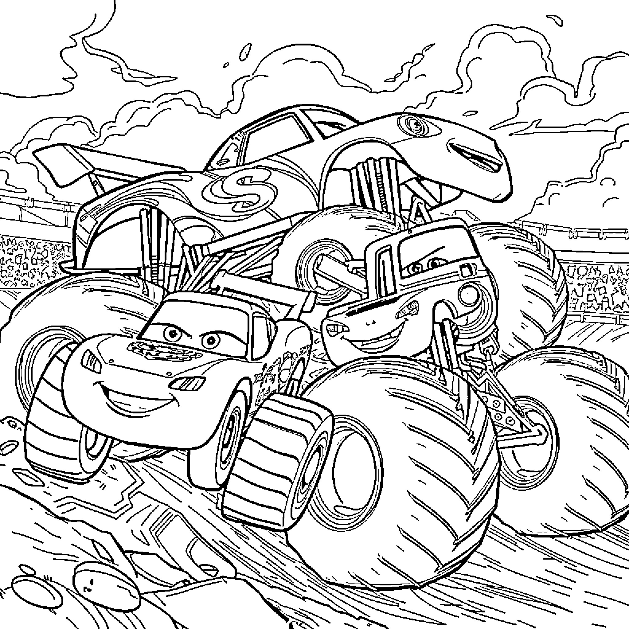 Monster Truck Racing in the Mud Coloring Page (free black-and-white line drawing printable PDF for all, from beginners to advanced learners, including children, teens, adults, and seniors)