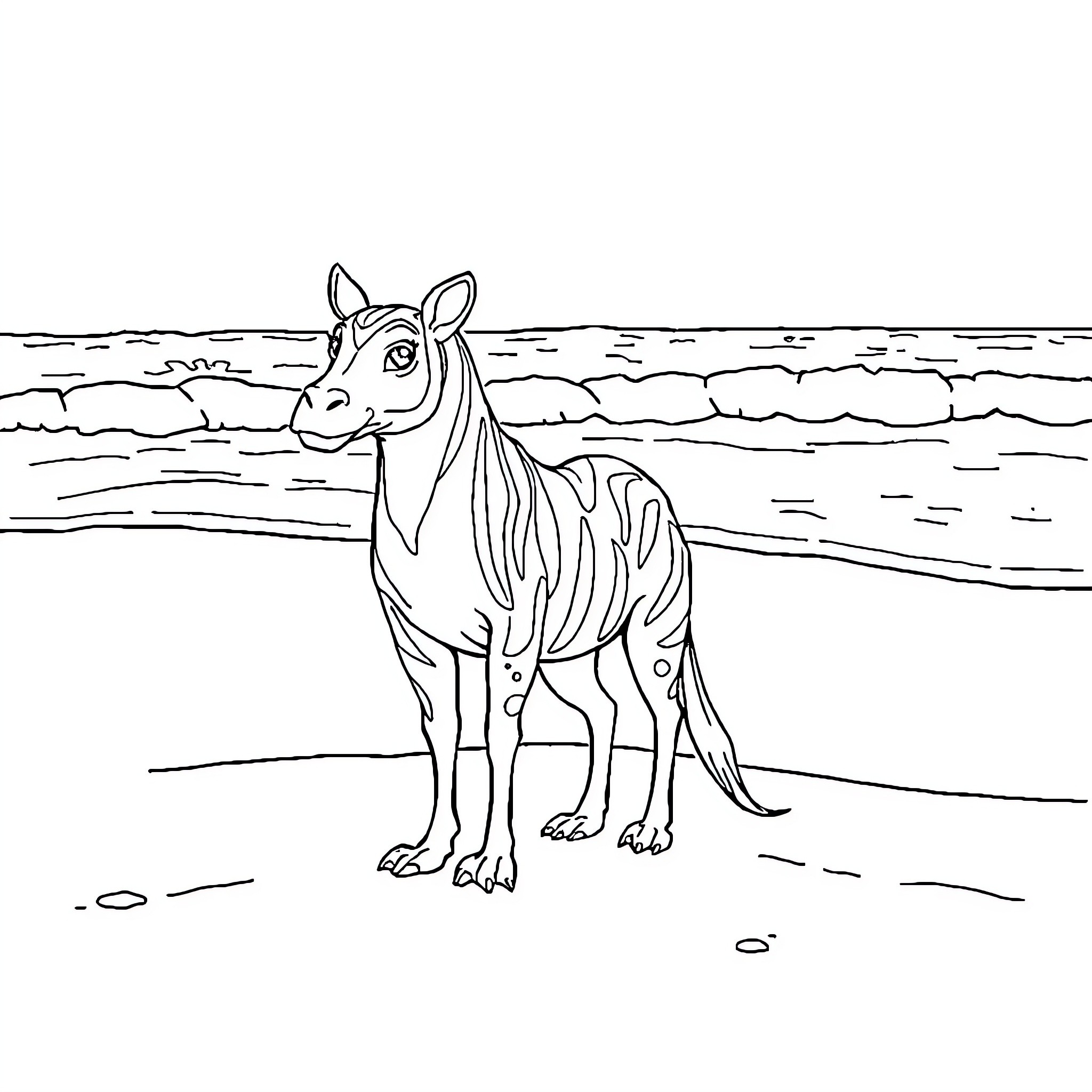 Eversea: Zebra Standing on Beach Coloring Page (free black-and-white line drawing printable PDF for all, from beginners to advanced learners, including children, teens, adults, and seniors)