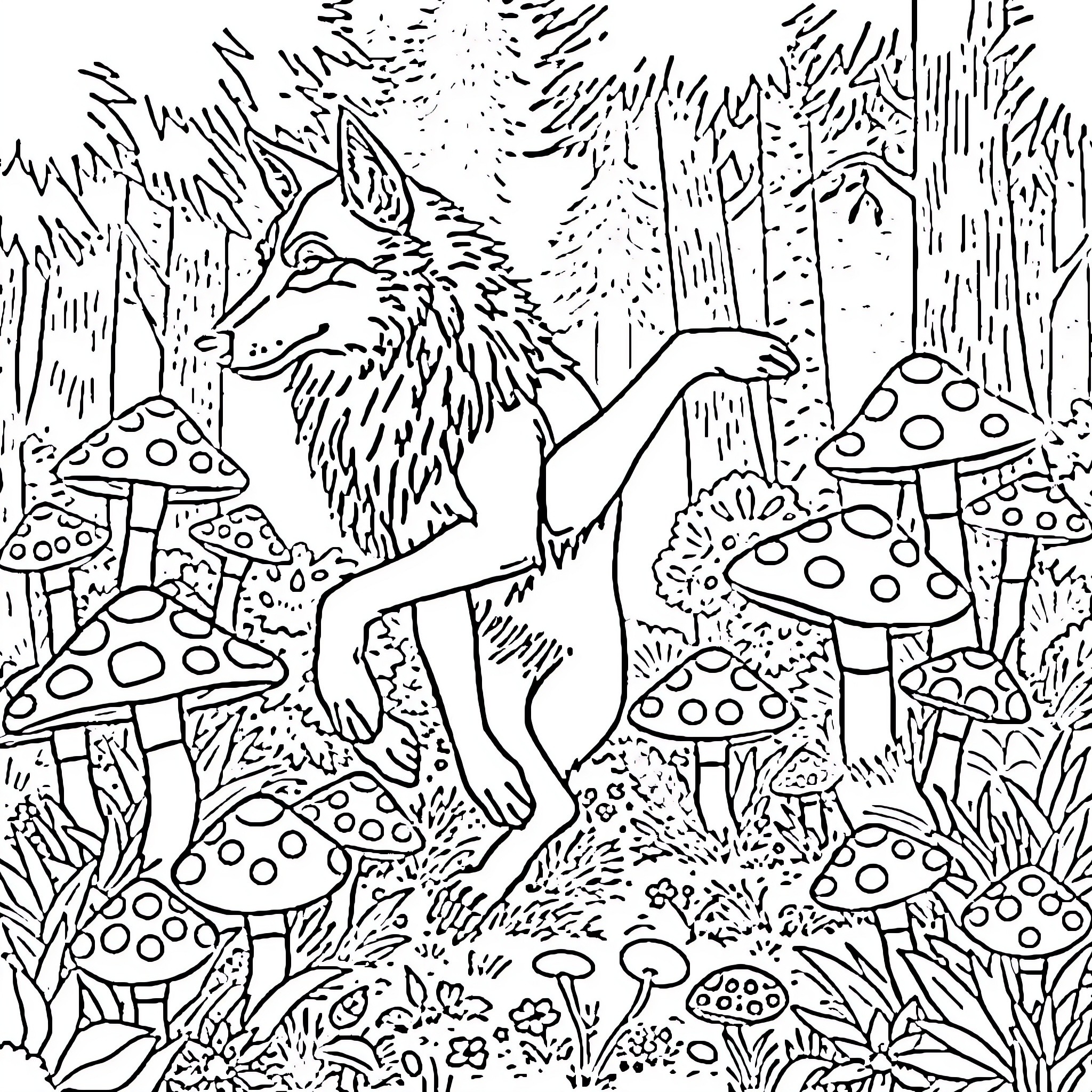 Wolf exploring enchanted forest with mushrooms Coloring Page (free black-and-white line drawing printable PDF for all, from beginners to advanced learners, including children, teens, adults, and seniors)