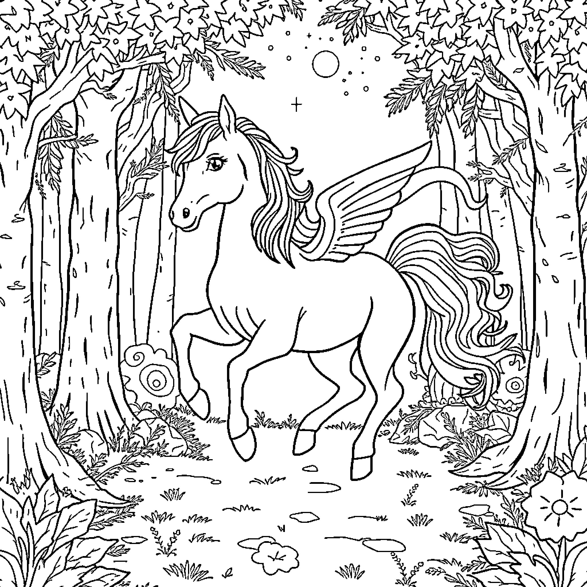 Unicorn prancing through enchanted forest Coloring Page (free black-and-white line drawing printable PDF for all, from beginners to advanced learners, including children, teens, adults, and seniors)