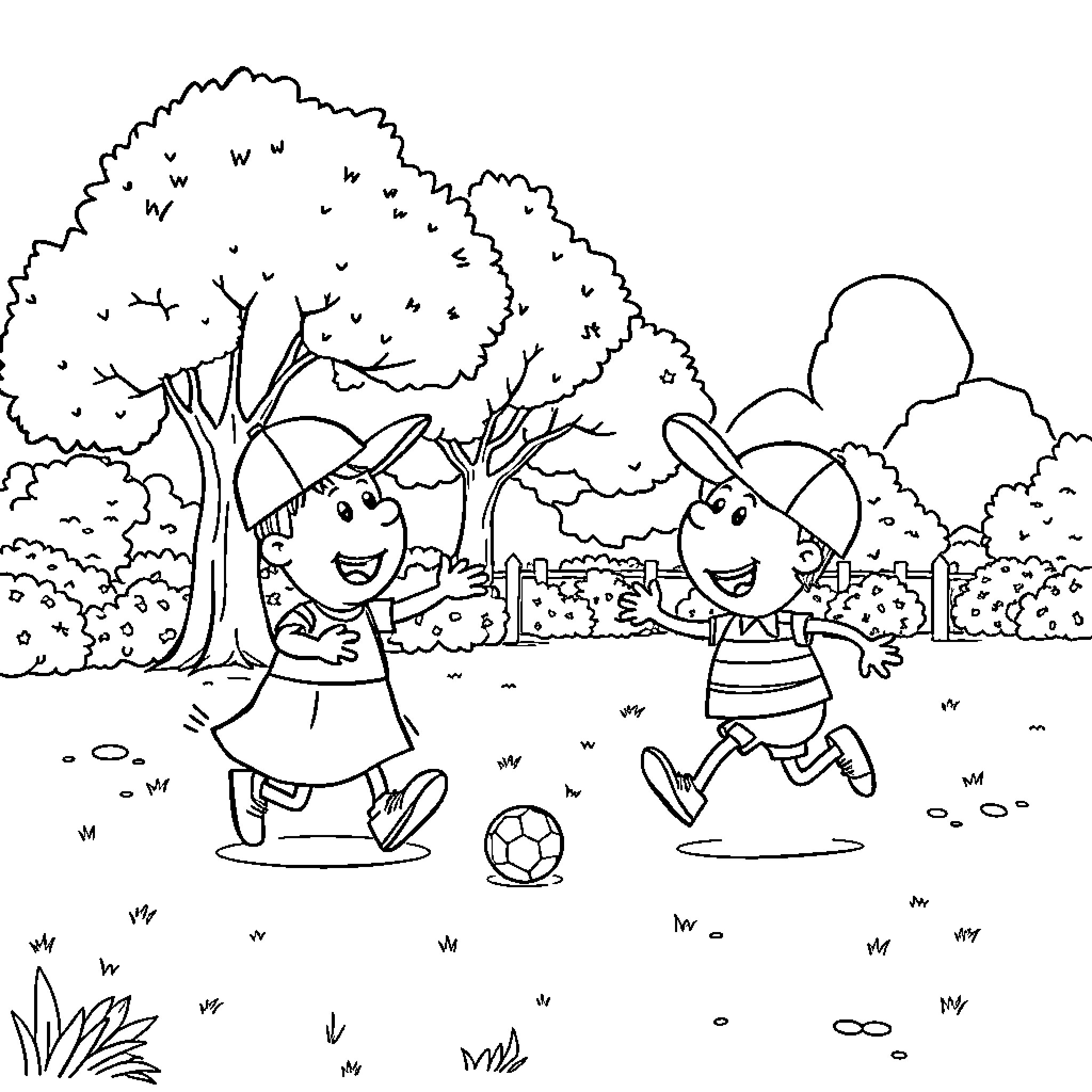 Pepa and Peppa playing in the park Coloring Page (free black-and-white line drawing printable PDF for all, from beginners to advanced learners, including children, teens, adults, and seniors)