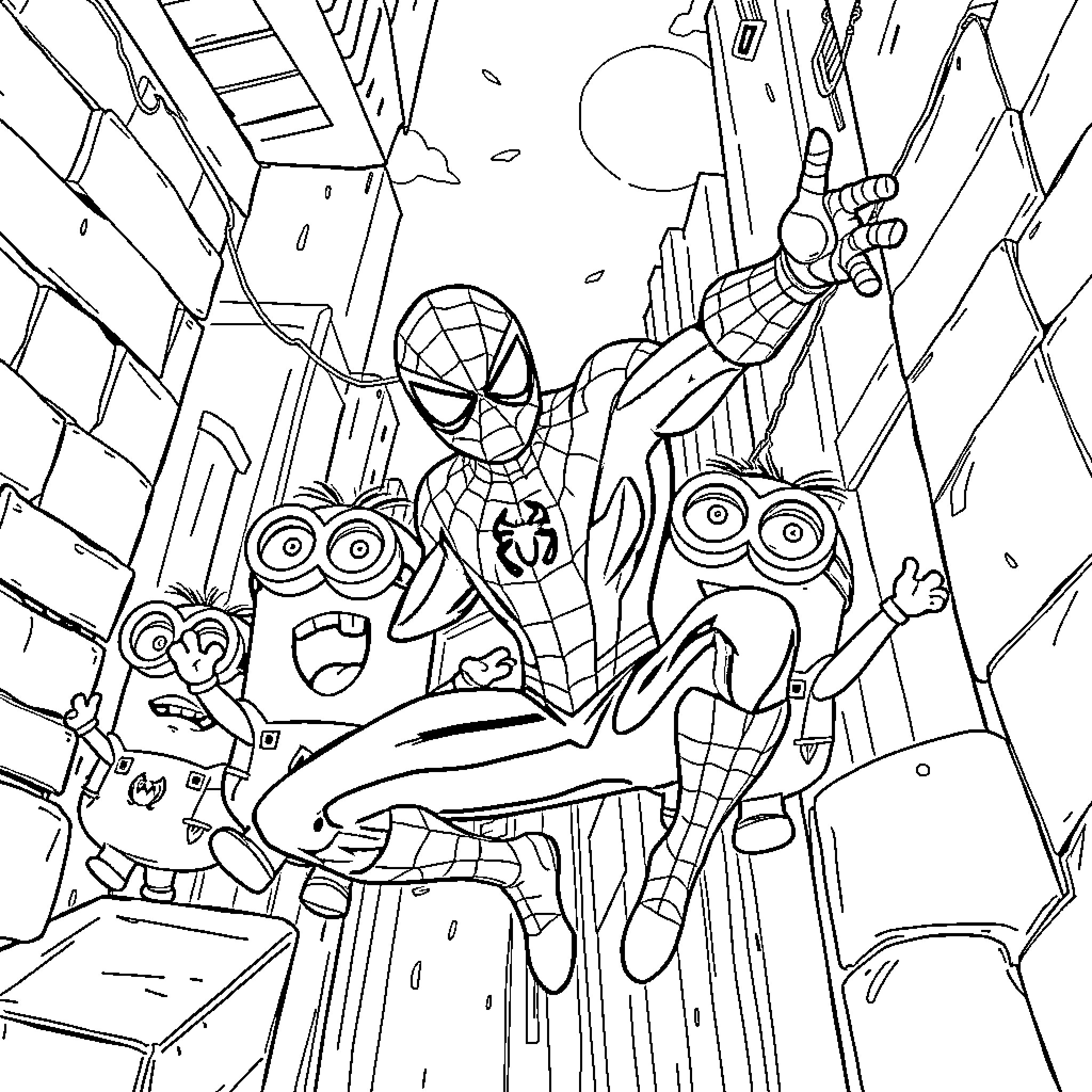 Spidey's Heroic Cityscape Adventure Coloring Page (free black-and-white line drawing printable PDF for all, from beginners to advanced learners, including children, teens, adults, and seniors)