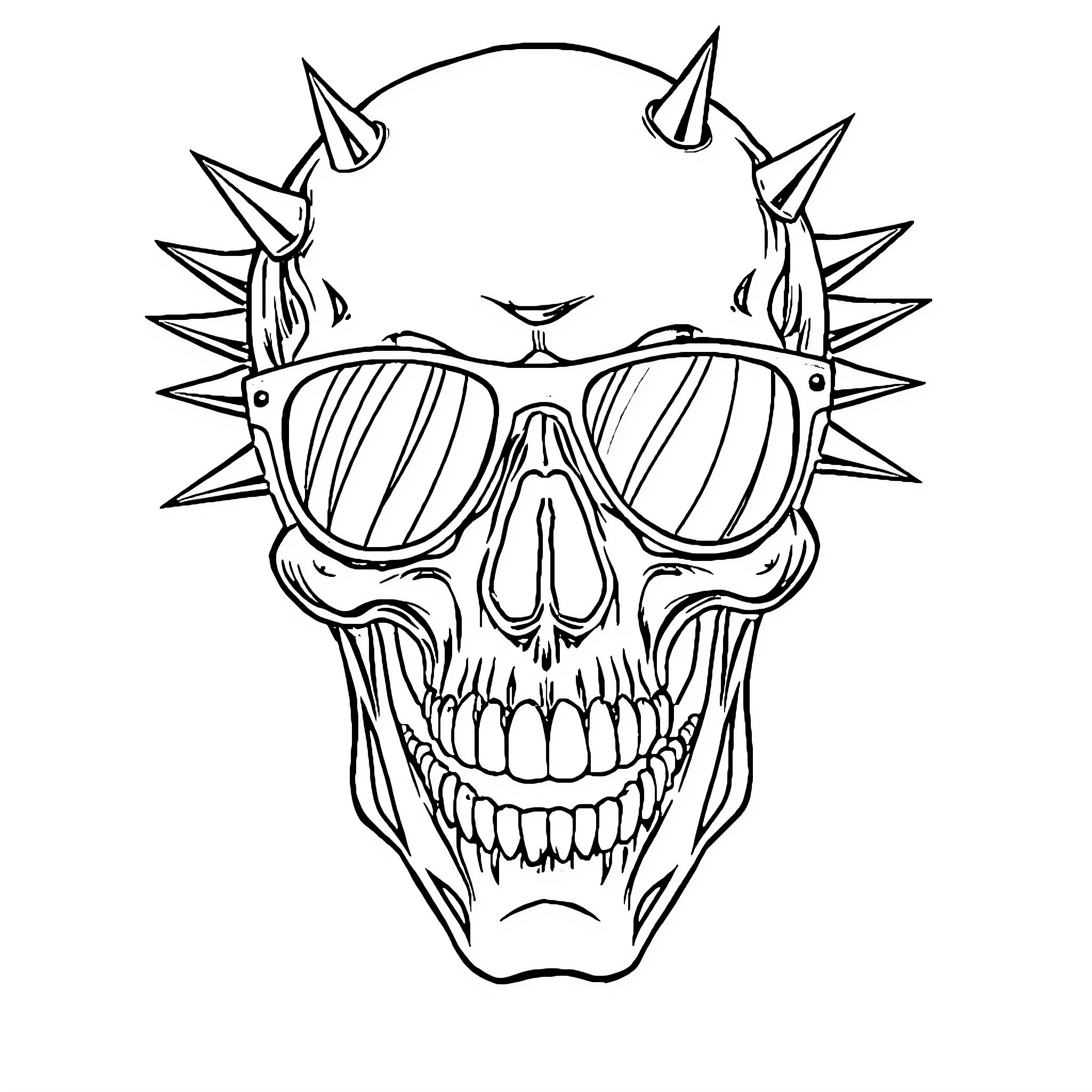 Skull with Spiky Sunglasses and Menacing Expression Coloring Page (free black-and-white line drawing printable PDF for all, from beginners to advanced learners, including children, teens, adults, and seniors)