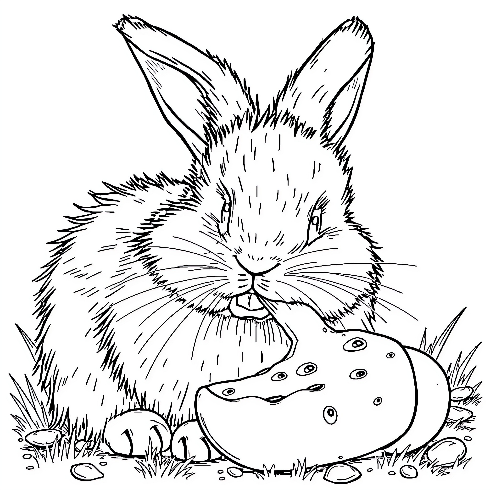Bunny snuggling a spotted mushroom in the grass Coloring Page (free black-and-white line drawing printable PDF for all, from beginners to advanced learners, including children, teens, adults, and seniors)