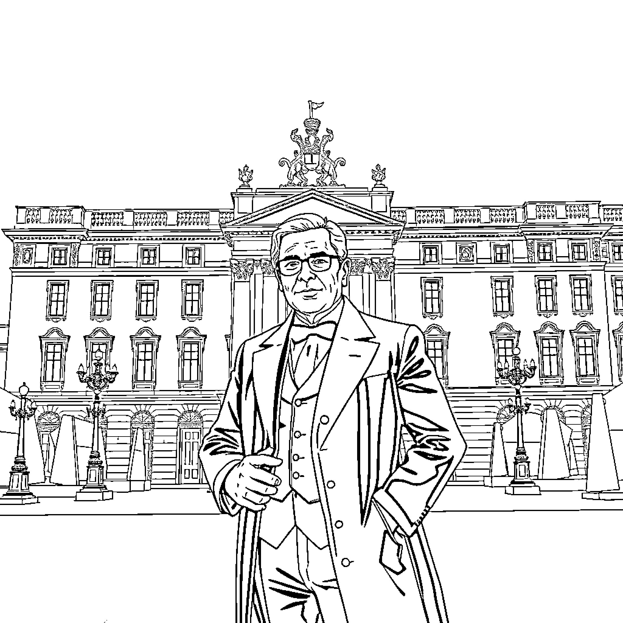 President Posing in Front of Ornate Palace Coloring Page (free black-and-white line drawing printable PDF for all, from beginners to advanced learners, including children, teens, adults, and seniors)