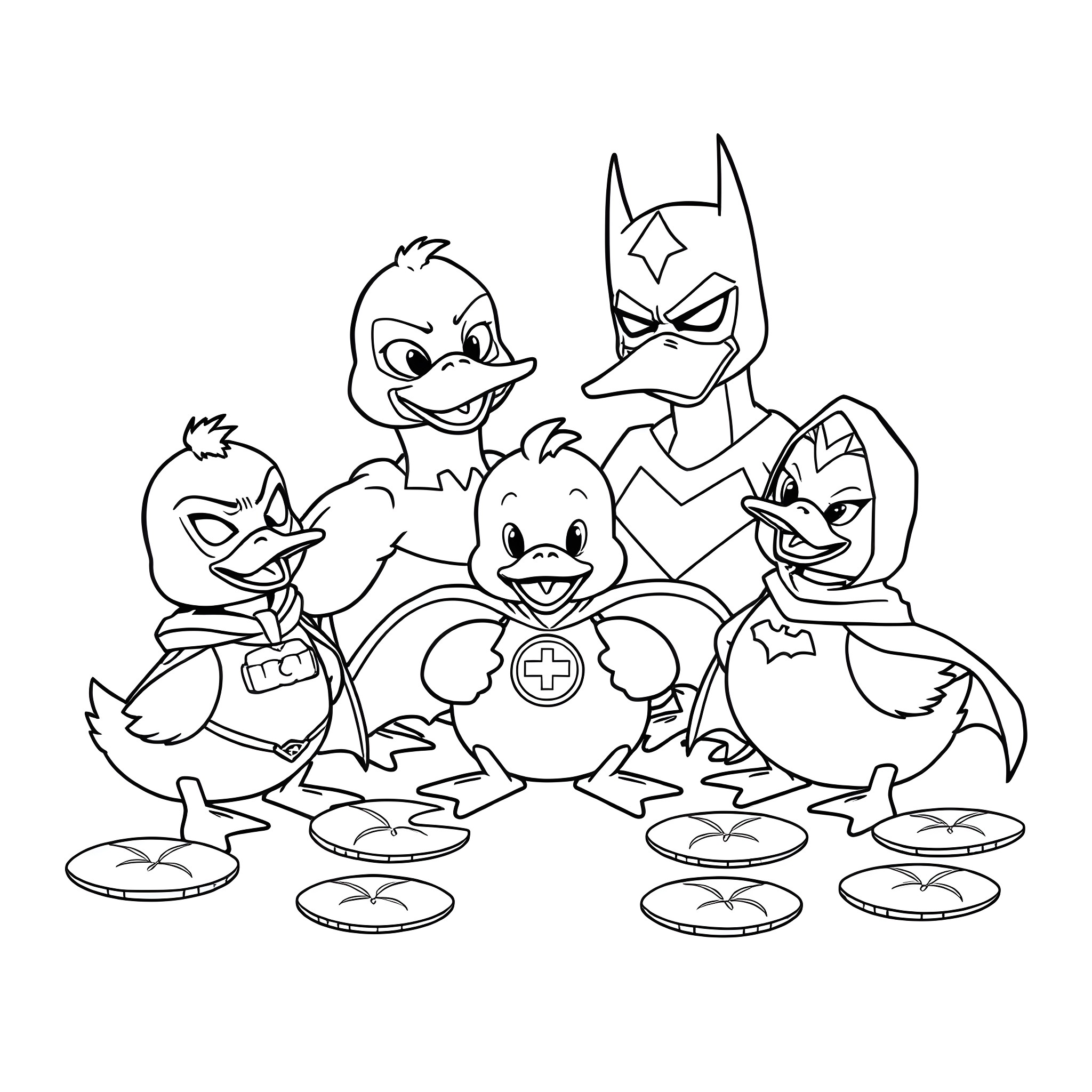 Duck superheroes in action Coloring Page (free black-and-white line drawing printable PDF for all, from beginners to advanced learners, including children, teens, adults, and seniors)