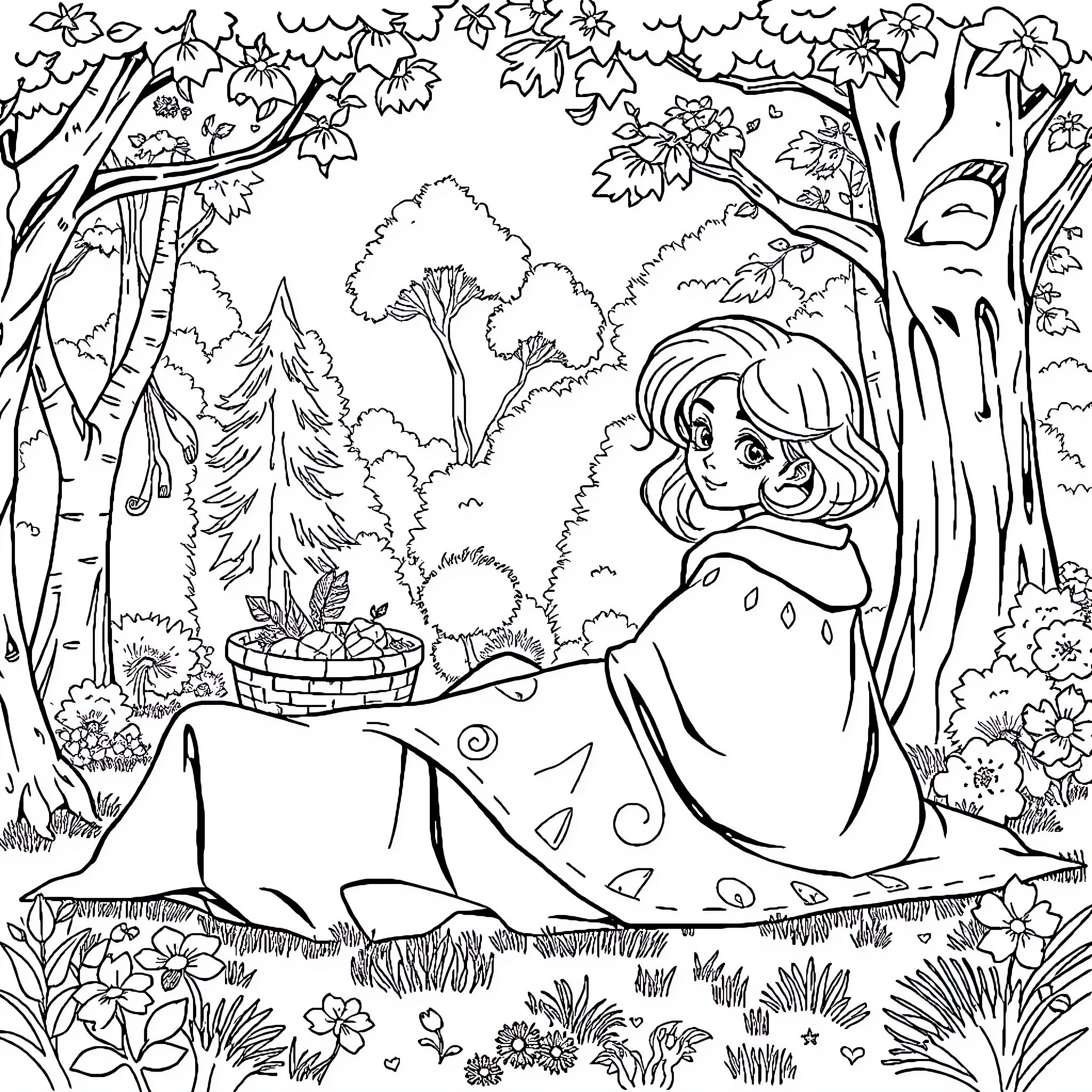 Eloise exploring the enchanting forest Coloring Page (free black-and-white line drawing printable PDF for all, from beginners to advanced learners, including children, teens, adults, and seniors)
