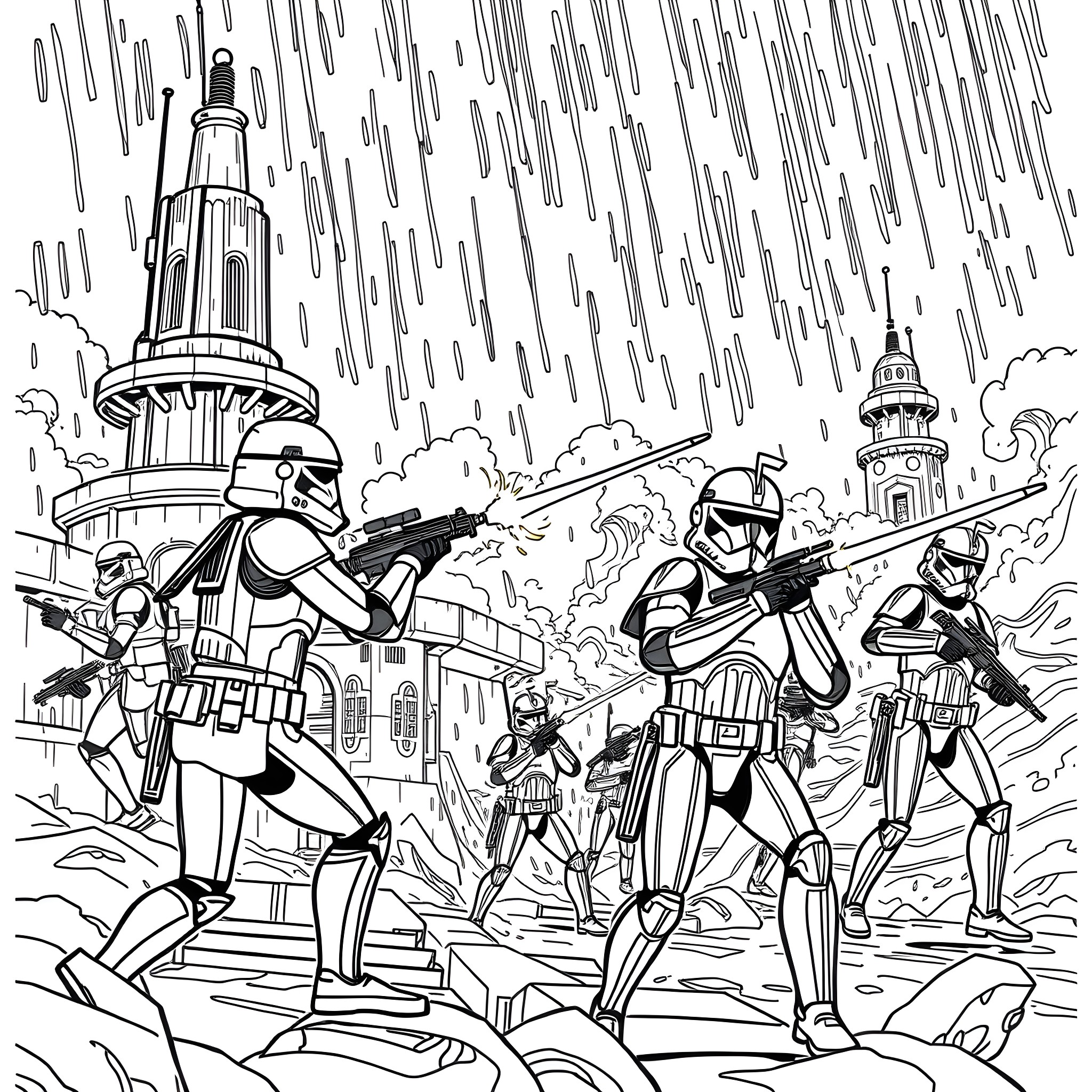 Clone Troopers in Intense Battle Amid Dystopian Cityscape Coloring Page (free black-and-white line drawing printable PDF for all, from beginners to advanced learners, including children, teens, adults, and seniors)