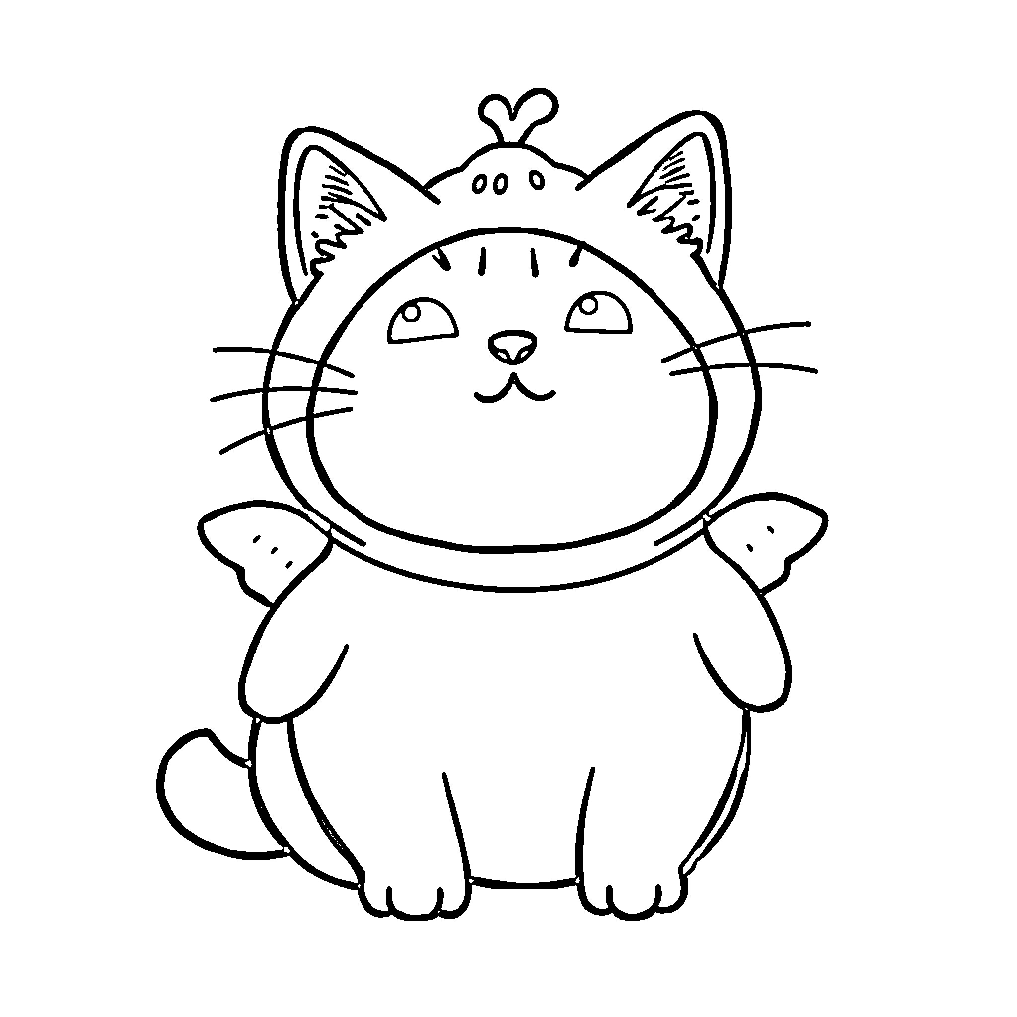 Pusheen wearing crown sitting cutely Coloring Page (free black-and-white line drawing printable PDF for all, from beginners to advanced learners, including children, teens, adults, and seniors)