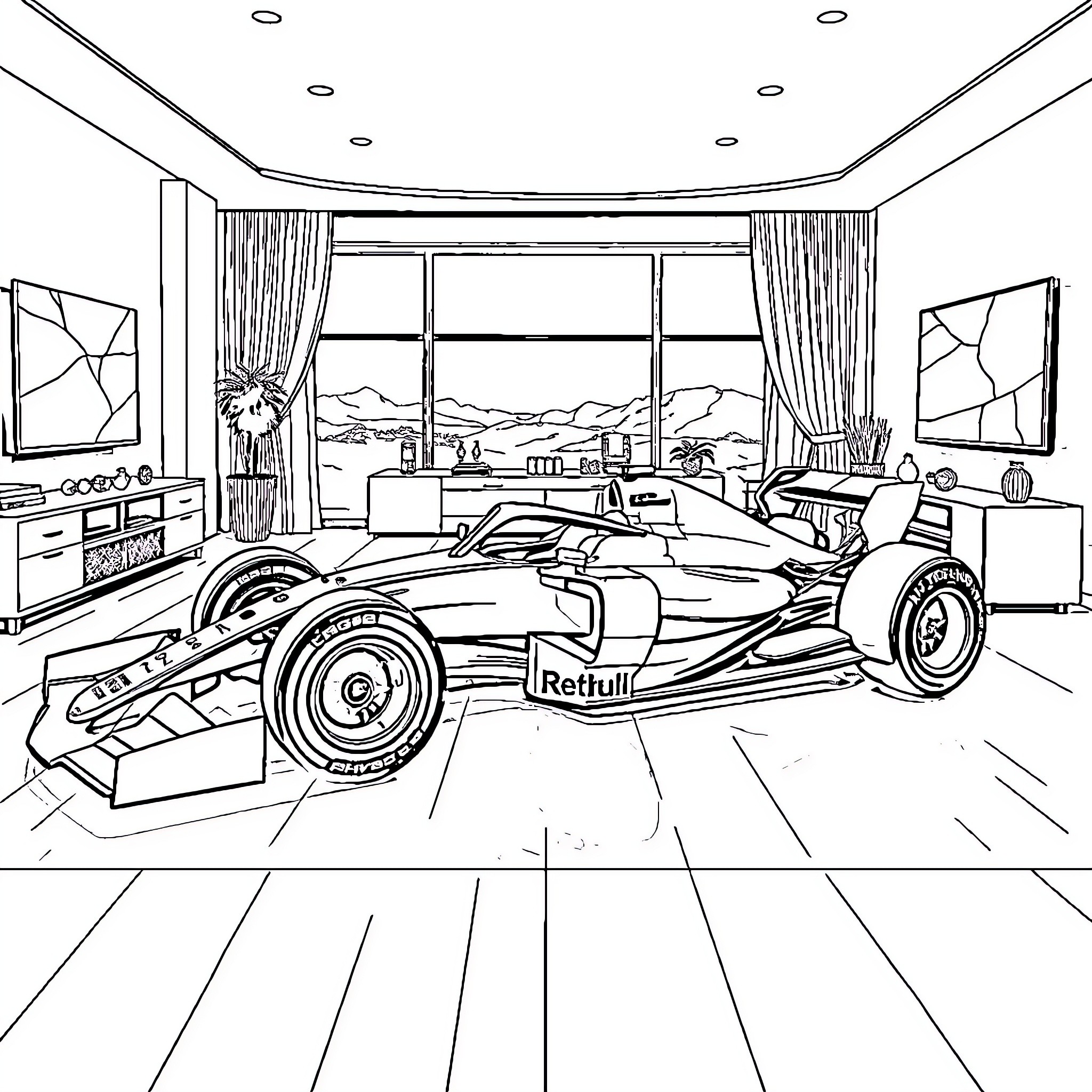 Formula 1 Racing Car in Luxurious Home Setting Coloring Page (free black-and-white line drawing printable PDF for all, from beginners to advanced learners, including children, teens, adults, and seniors)