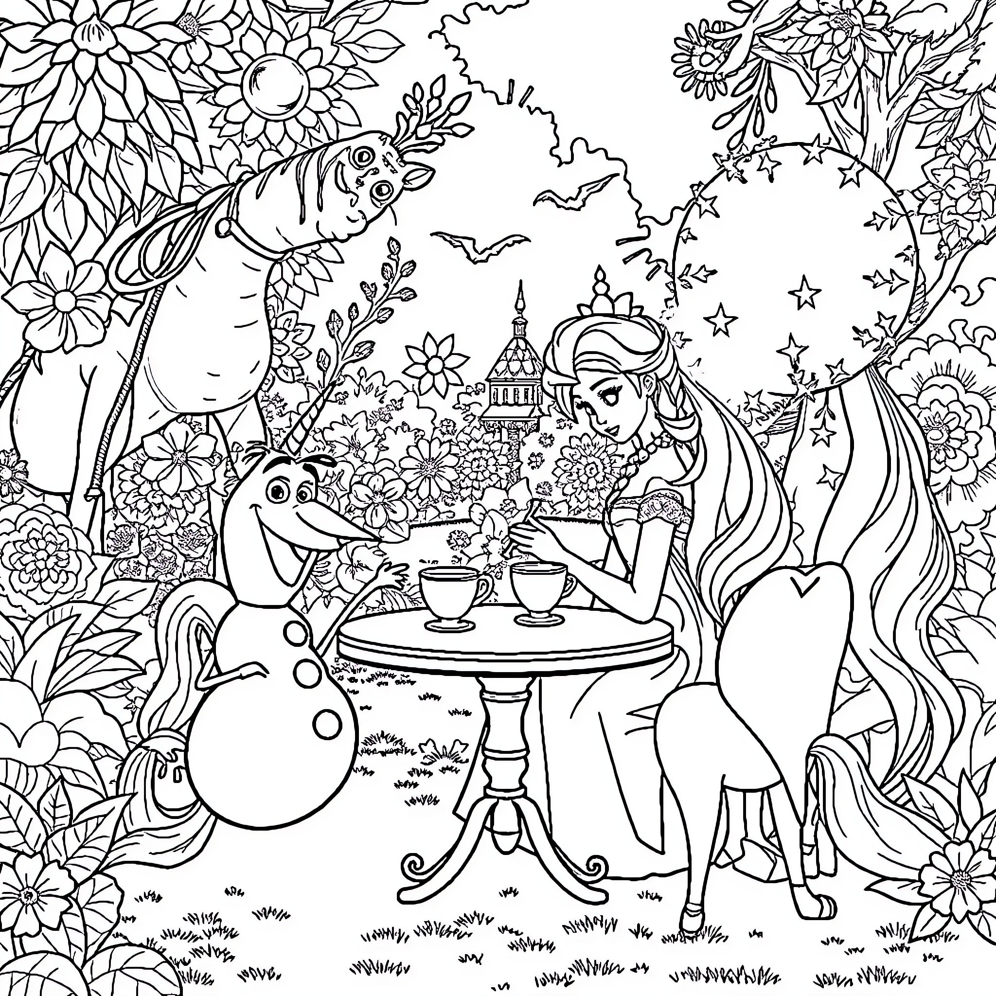 Princess Enjoying a Magical Tea Party in the Garden Coloring Page (free black-and-white line drawing printable PDF for all, from beginners to advanced learners, including children, teens, adults, and seniors)