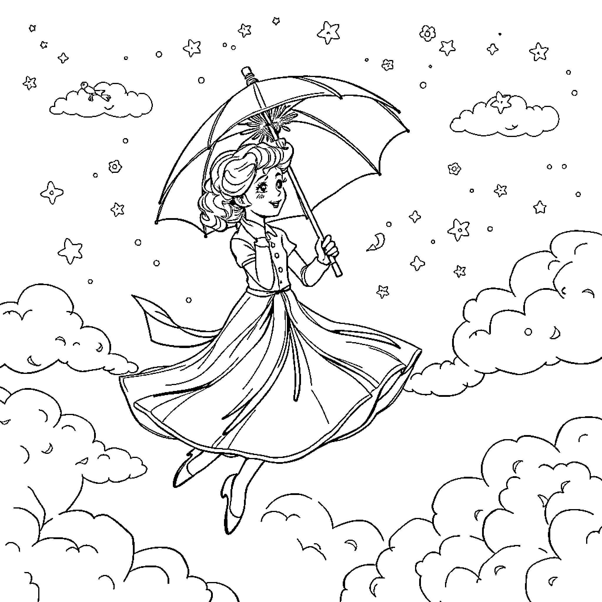 Maripoppins floating amid stars and clouds Coloring Page (free black-and-white line drawing printable PDF for all, from beginners to advanced learners, including children, teens, adults, and seniors)