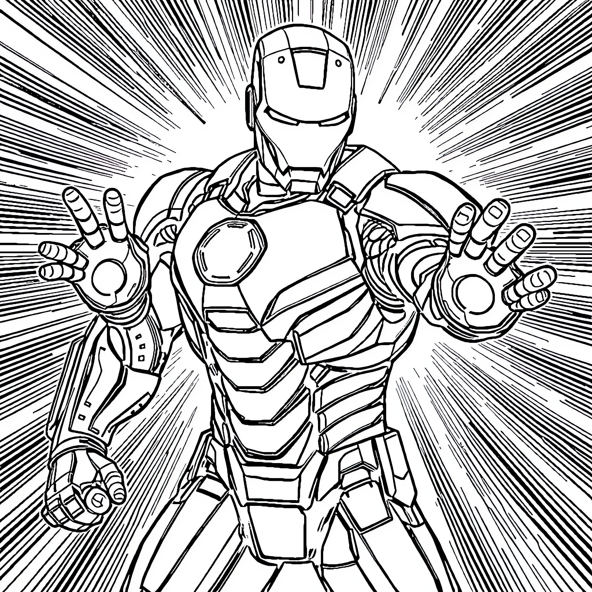 Iron Man in heroic action pose Coloring Page (free black-and-white line drawing printable PDF for all, from beginners to advanced learners, including children, teens, adults, and seniors)