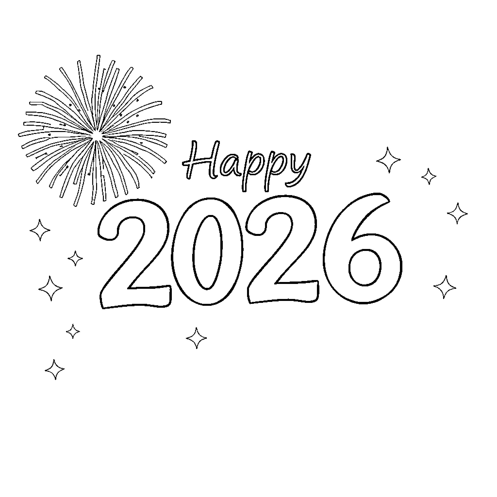 New Year Celebration with Fireworks and Stars Coloring Page (free black-and-white line drawing printable PDF for all, from beginners to advanced learners, including children, teens, adults, and seniors)