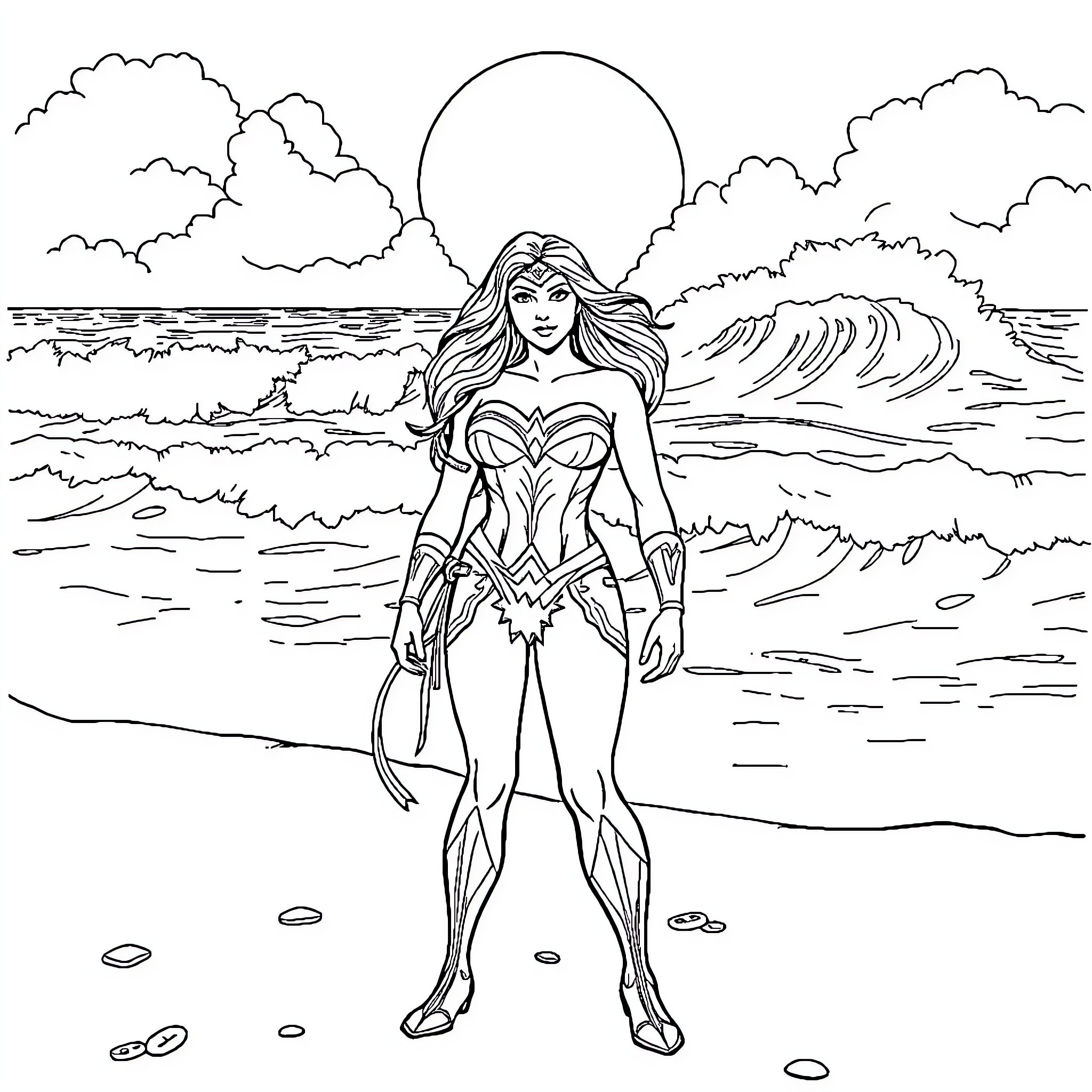 Wonder Woman heroically stands on the beach Coloring Page (free black-and-white line drawing printable PDF for all, from beginners to advanced learners, including children, teens, adults, and seniors)