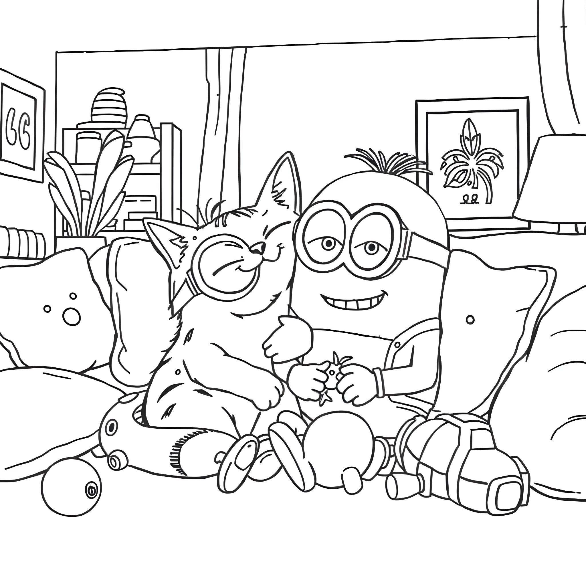 Cat and Minion playing with toys in the room Coloring Page (free black-and-white line drawing printable PDF for all, from beginners to advanced learners, including children, teens, adults, and seniors)