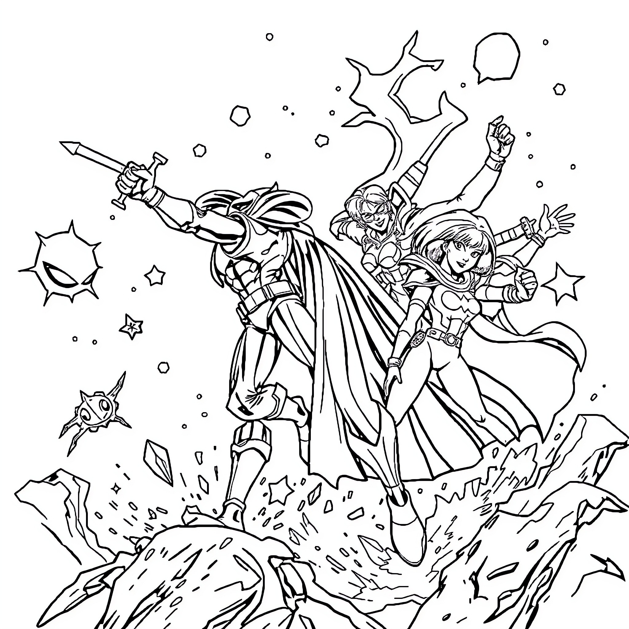 Comic Book Superheroes in Epic Battle Coloring Page (free black-and-white line drawing printable PDF for all, from beginners to advanced learners, including children, teens, adults, and seniors)