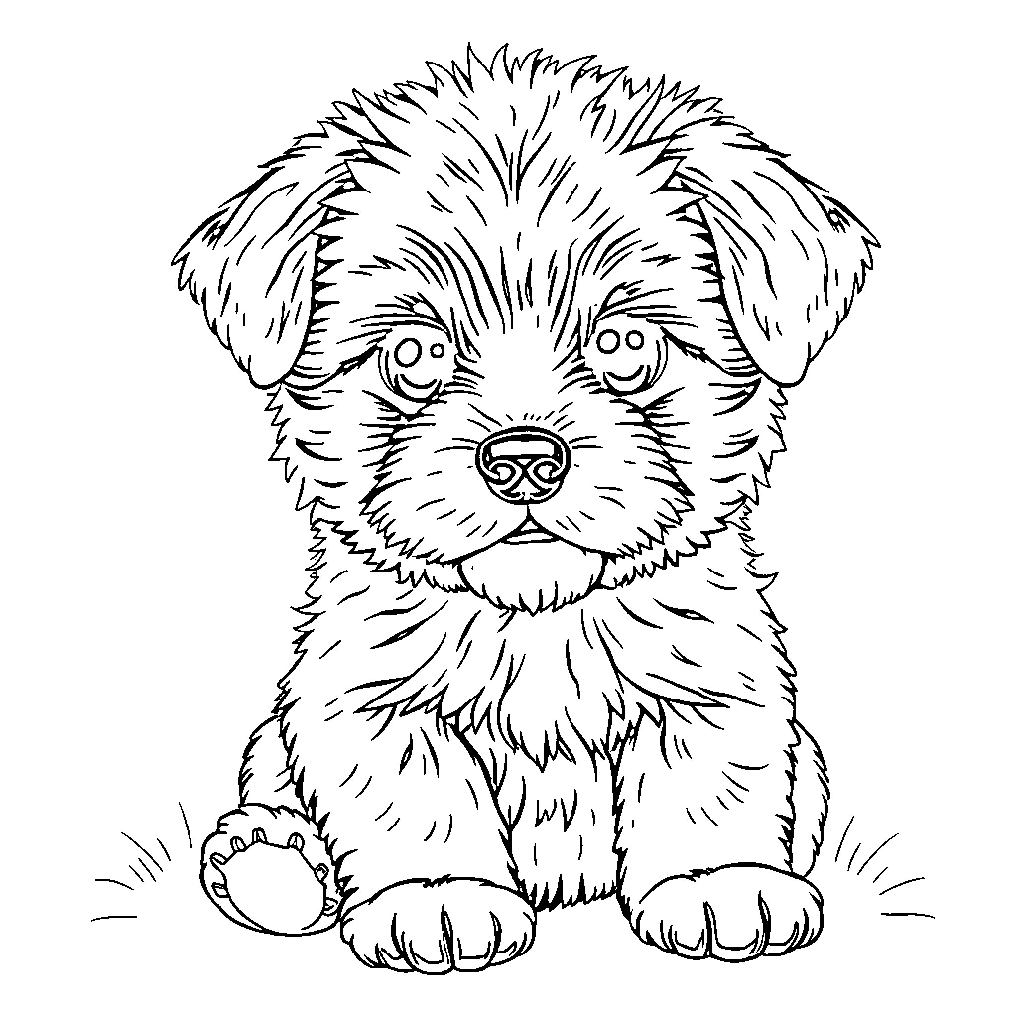 Puppy sitting cutely on the floor Coloring Page (free black-and-white line drawing printable PDF for all, from beginners to advanced learners, including children, teens, adults, and seniors)