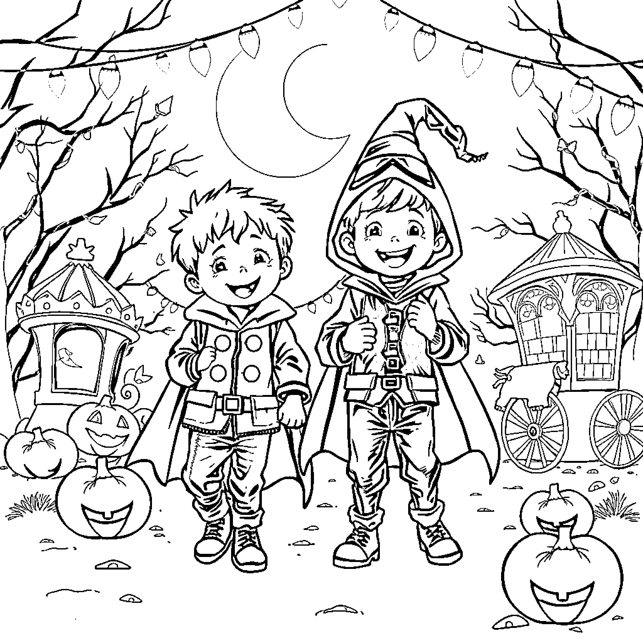 Children in Halloween Costumes Enjoying the Night Coloring Page (free black-and-white line drawing printable PDF for all, from beginners to advanced learners, including children, teens, adults, and seniors)