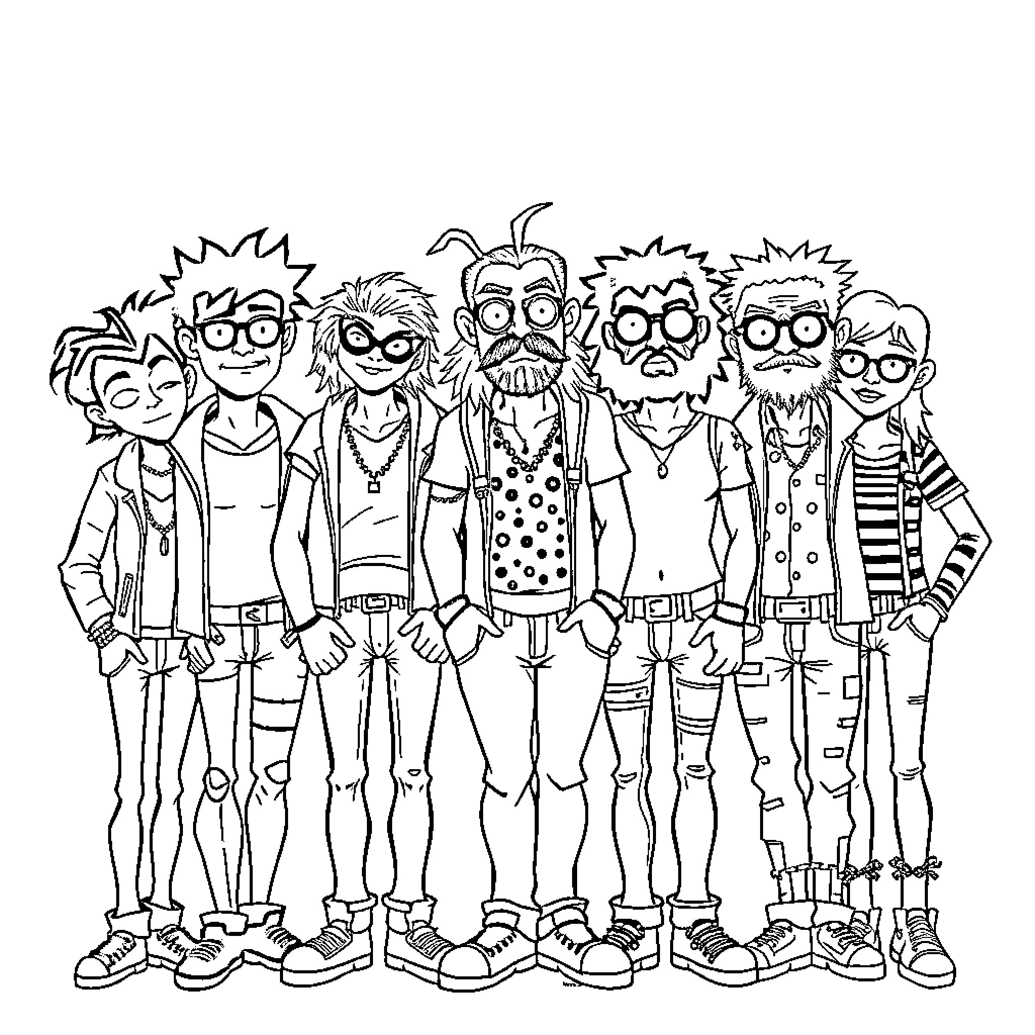 Misfit group of quirky and unique individuals Coloring Page (free black-and-white line drawing printable PDF for all, from beginners to advanced learners, including children, teens, adults, and seniors)