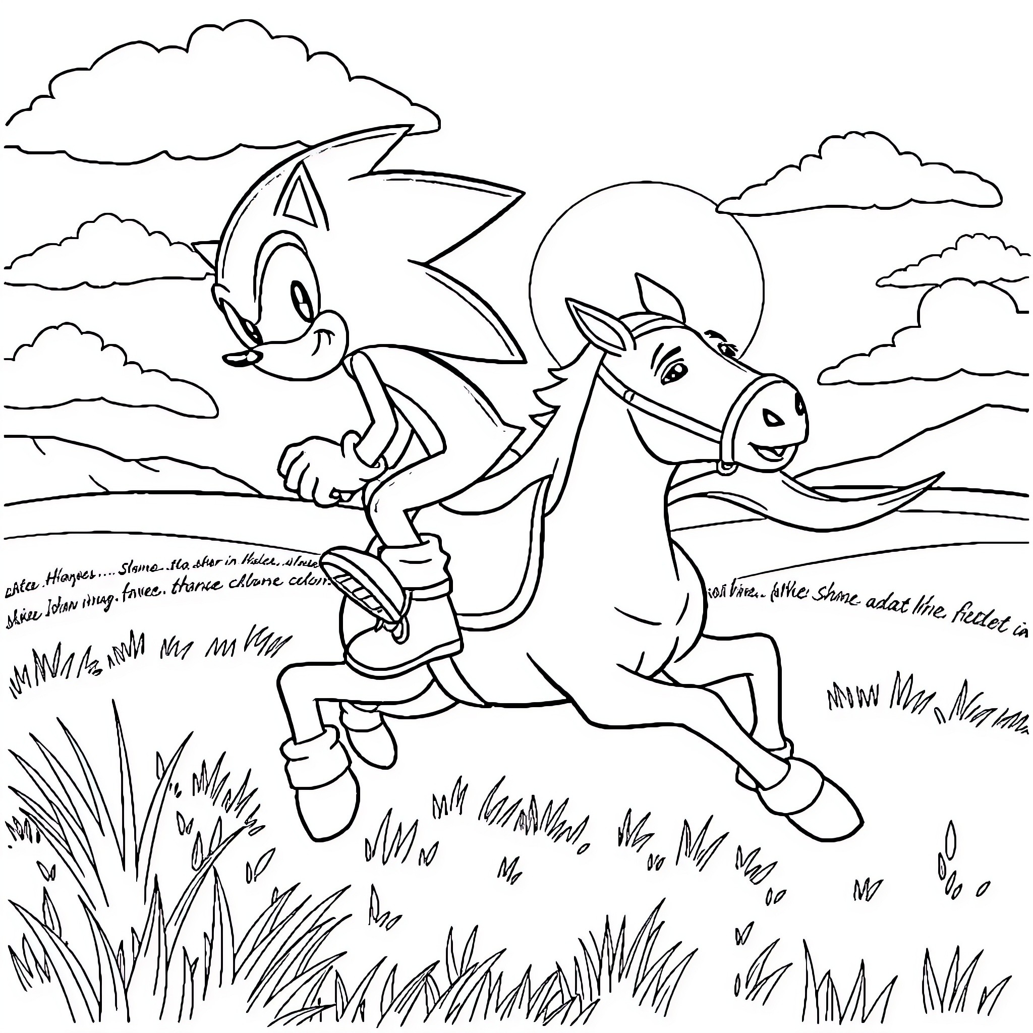 Sonic racing happily with his horse friend Coloring Page (free black-and-white line drawing printable PDF for all, from beginners to advanced learners, including children, teens, adults, and seniors)