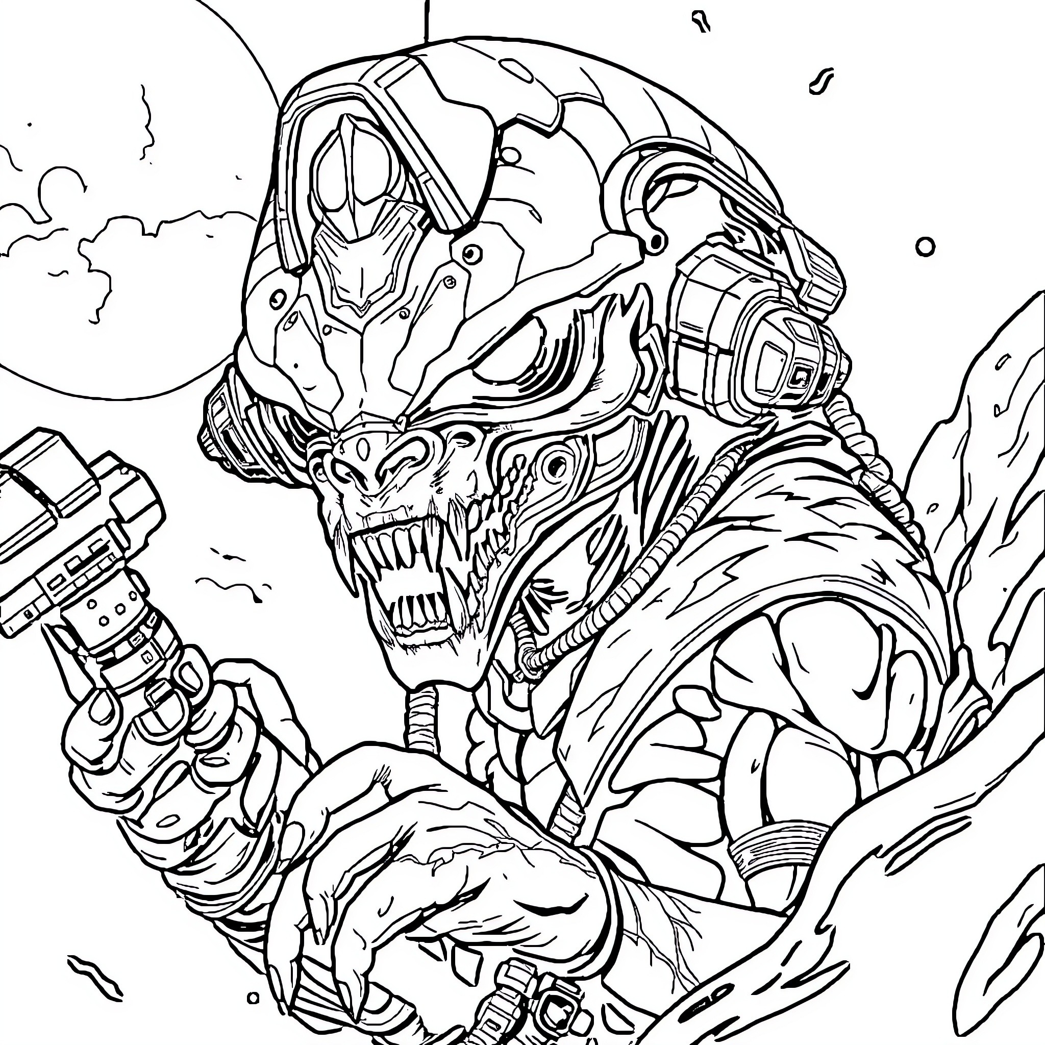 Yautja Warrior Brandishing Weapons in Intense Combat Coloring Page (free black-and-white line drawing printable PDF for all, from beginners to advanced learners, including children, teens, adults, and seniors)