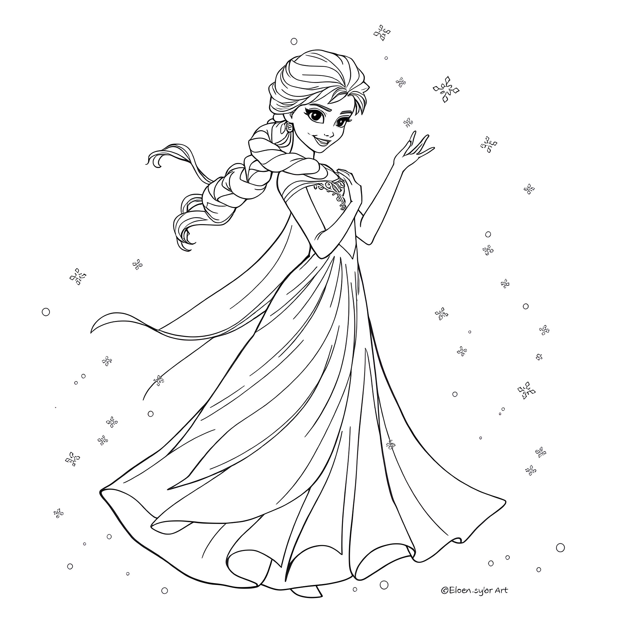 Elsa the Snow Queen in a Magical Pose Coloring Page (free black-and-white line drawing printable PDF for all, from beginners to advanced learners, including children, teens, adults, and seniors)