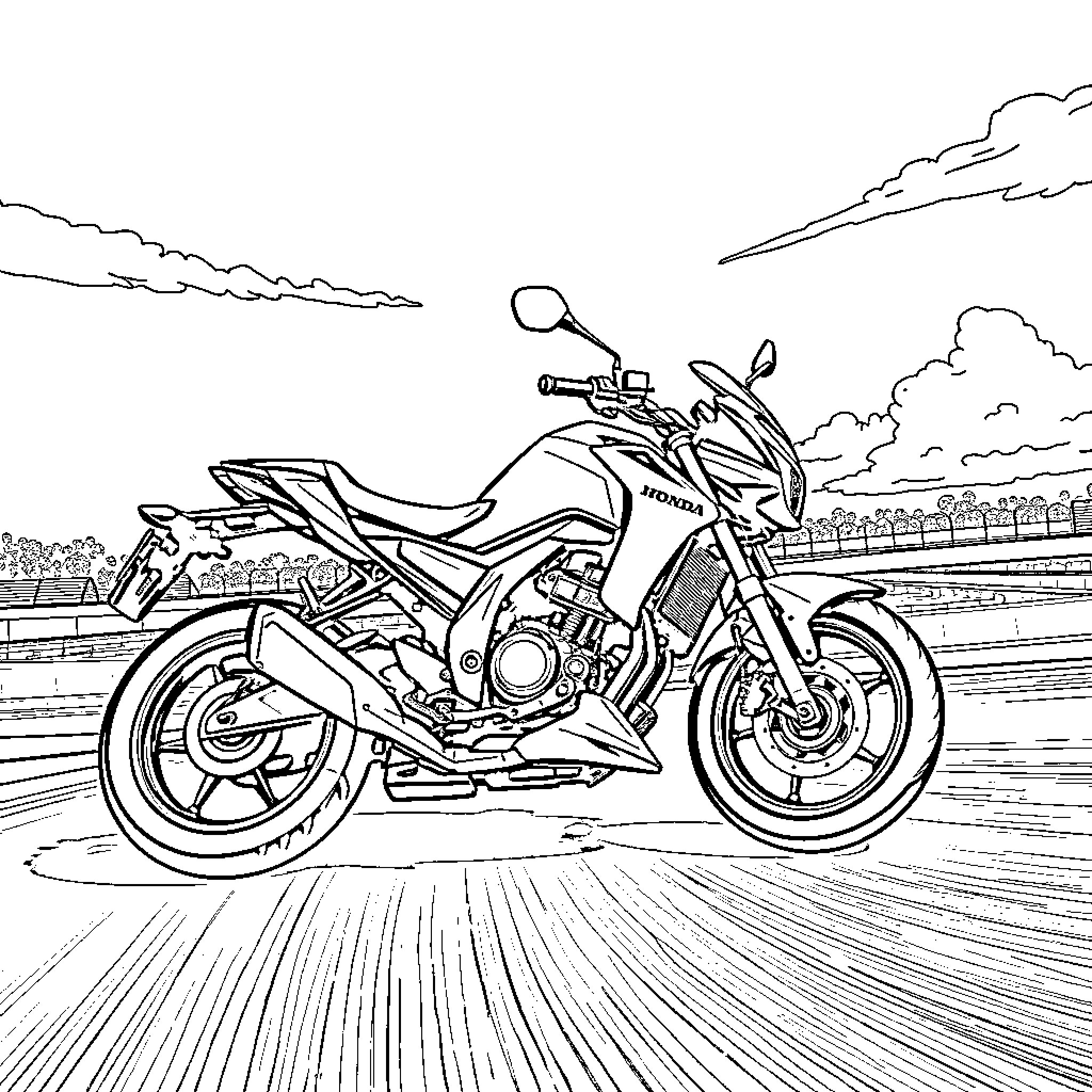 Honda Grom speeding down the road Coloring Page (free black-and-white line drawing printable PDF for all, from beginners to advanced learners, including children, teens, adults, and seniors)