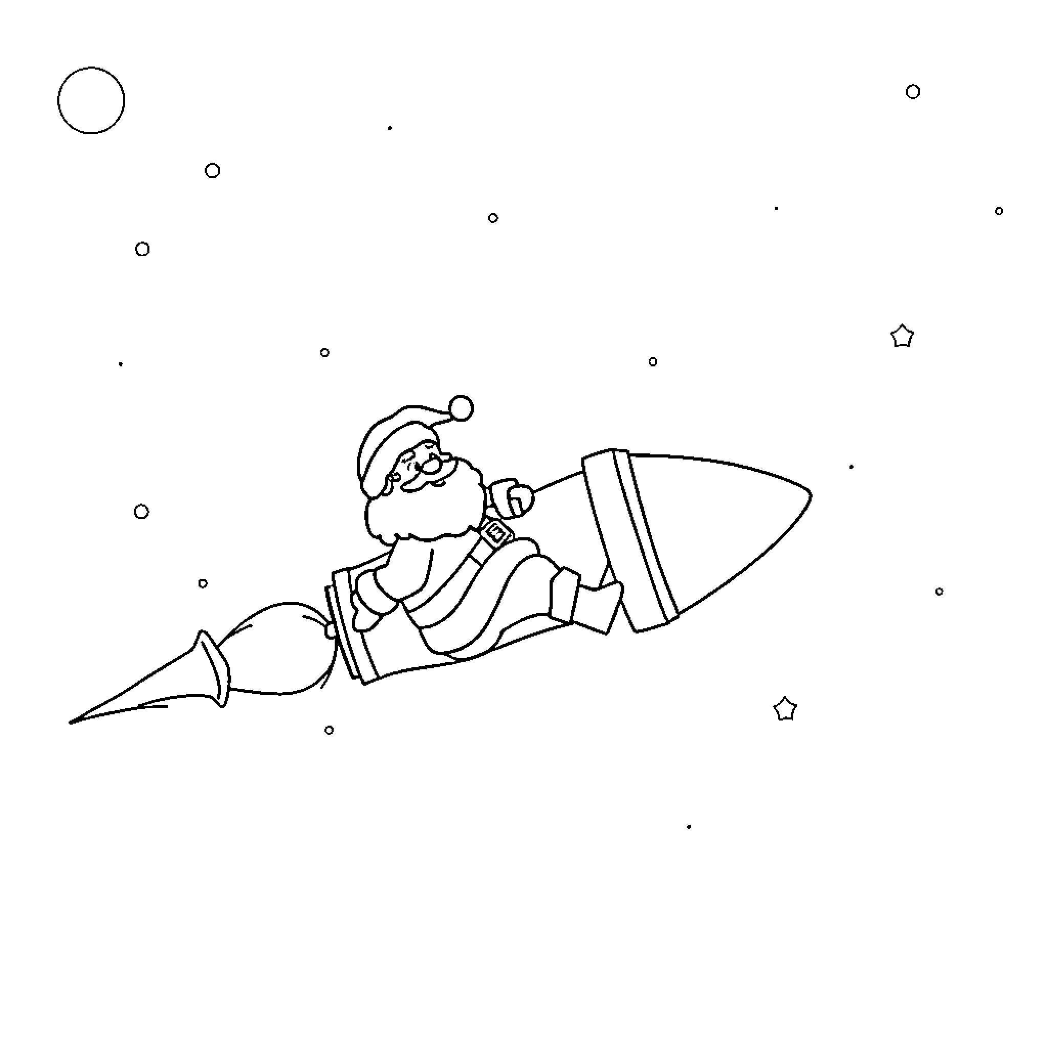 Santa riding a rocket through the night sky Coloring Page (free black-and-white line drawing printable PDF for all, from beginners to advanced learners, including children, teens, adults, and seniors)
